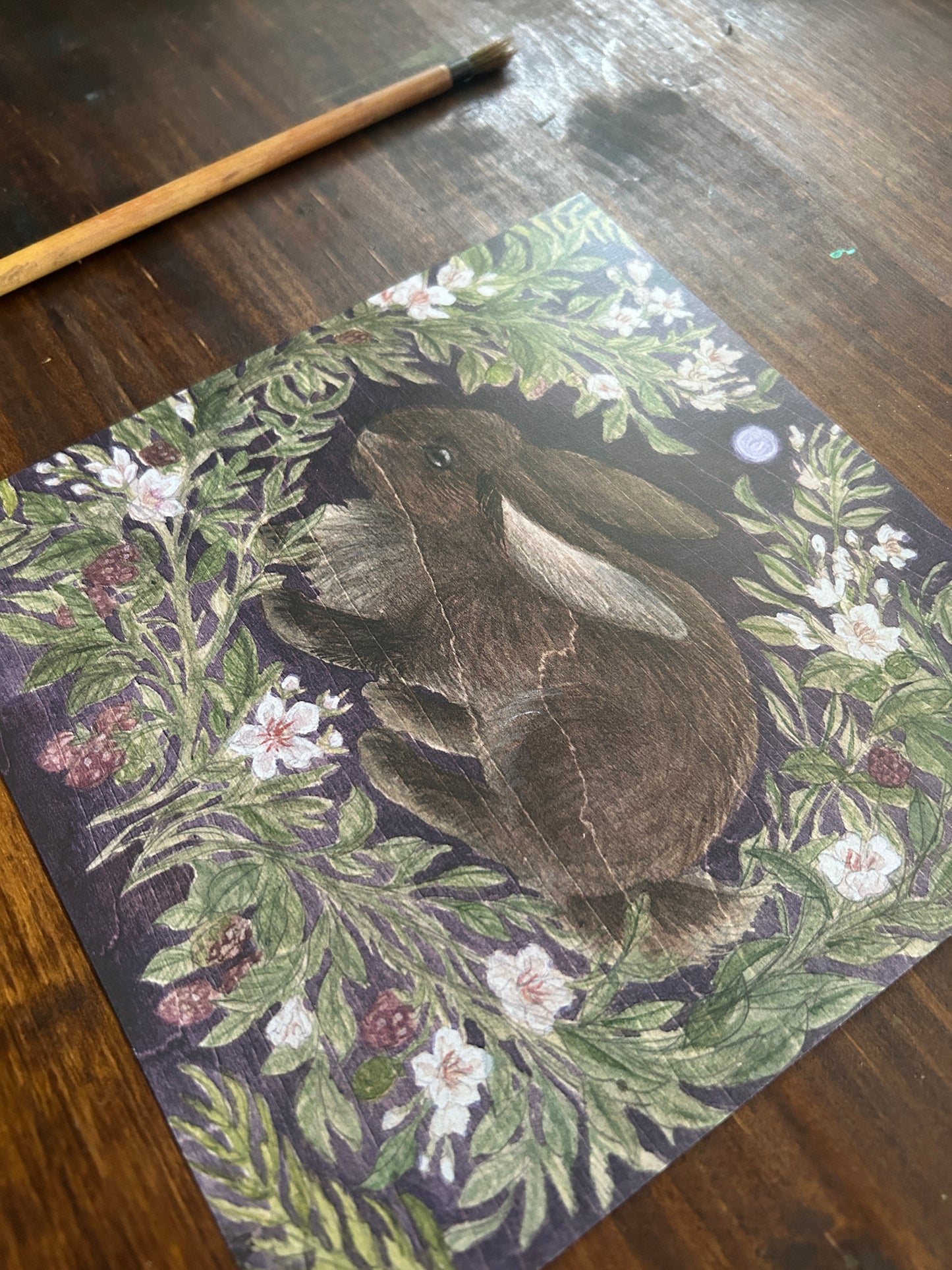 Art Print rabbit blackberry painting wood texture  bramble woodland animal watercolor painting print art wall decor house gift moon art