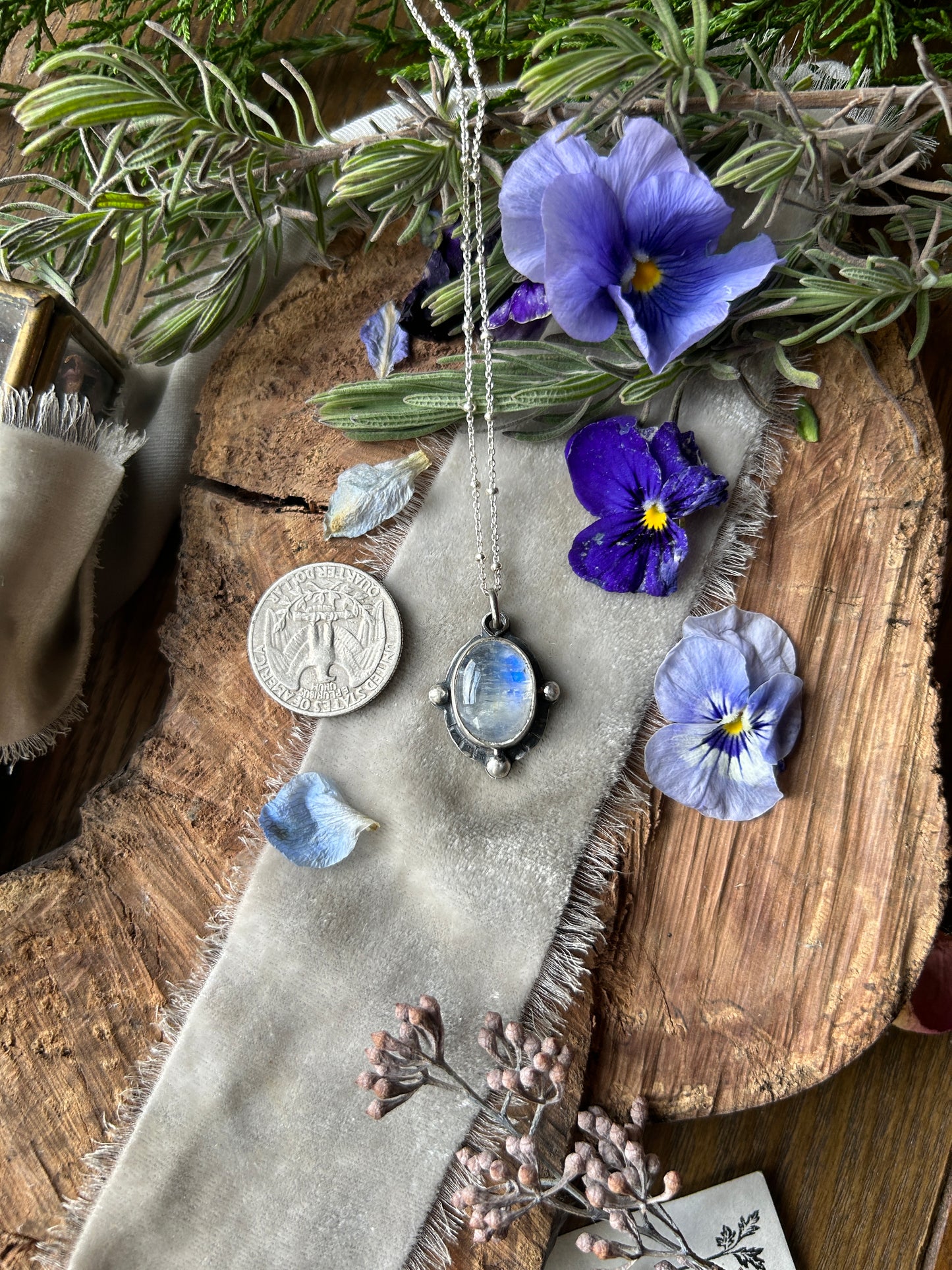 Rainbow Moonstone with Barn Owl back Necklace- sterling silver