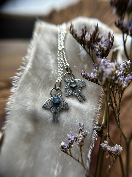 Luna moth necklace with choice of gemstone-sterling silver jewelry- made to order