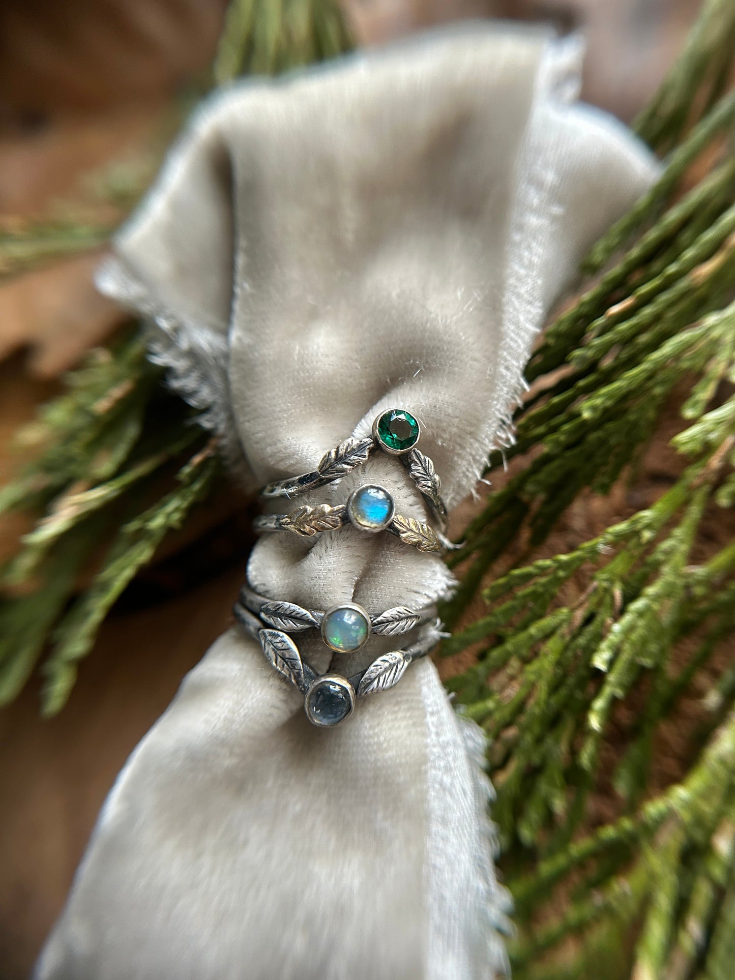 Woodland leaf stackable ring- choice of gemstone, leaves, and ring size sterling silver with choice of brass or copper made to order jewelry