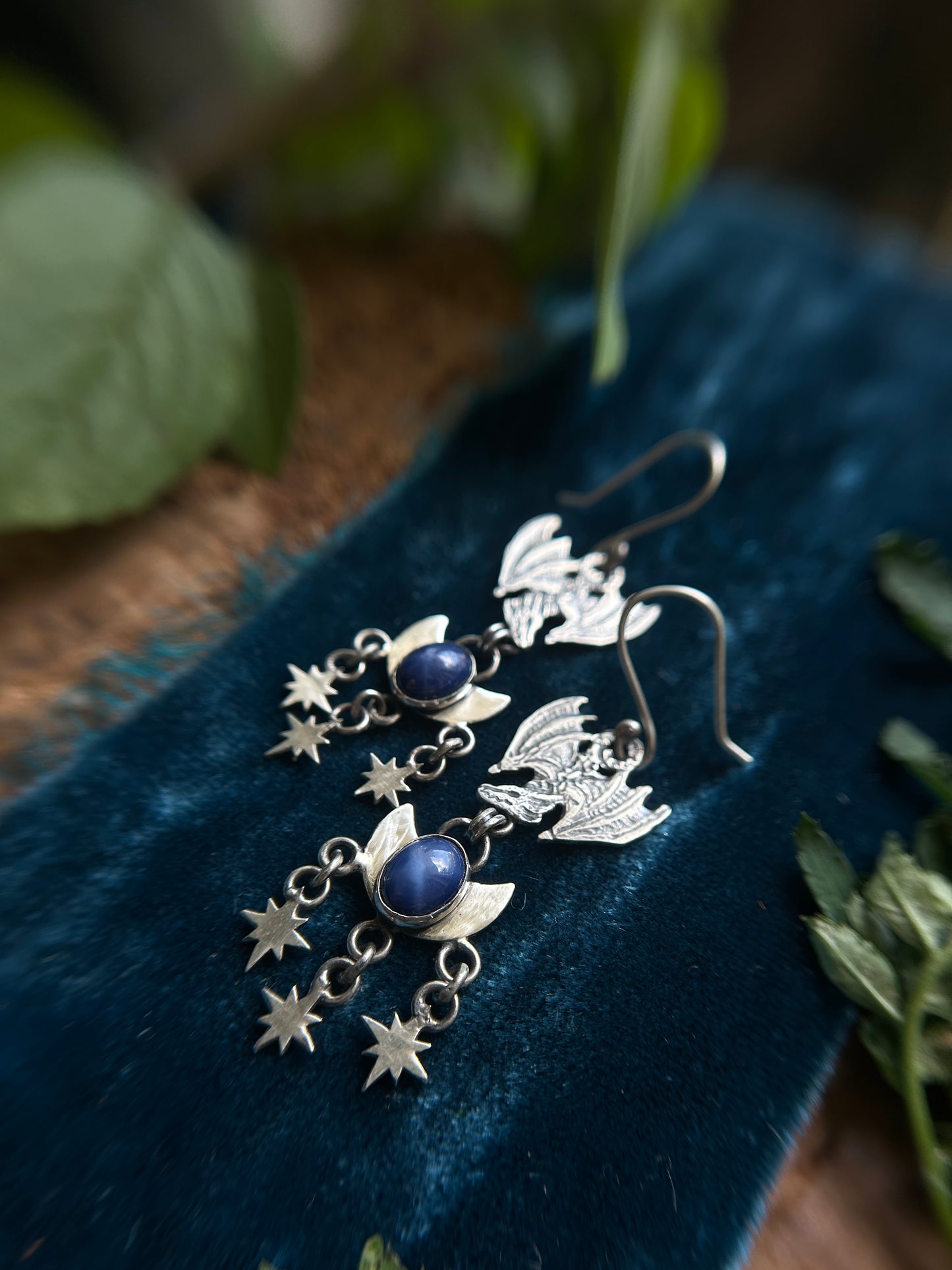 Moon and Starlit Dragon Flight Earrings- blue star sapphire - sterling silver jewelry