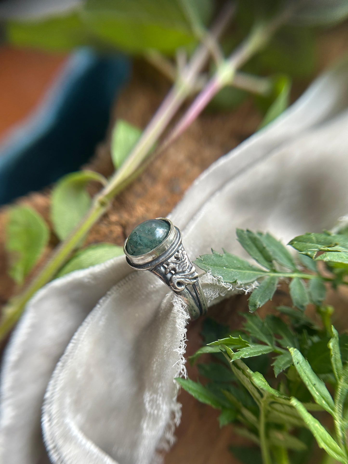 Kelpie Ring with Moss Agate- sterling silver jewelry