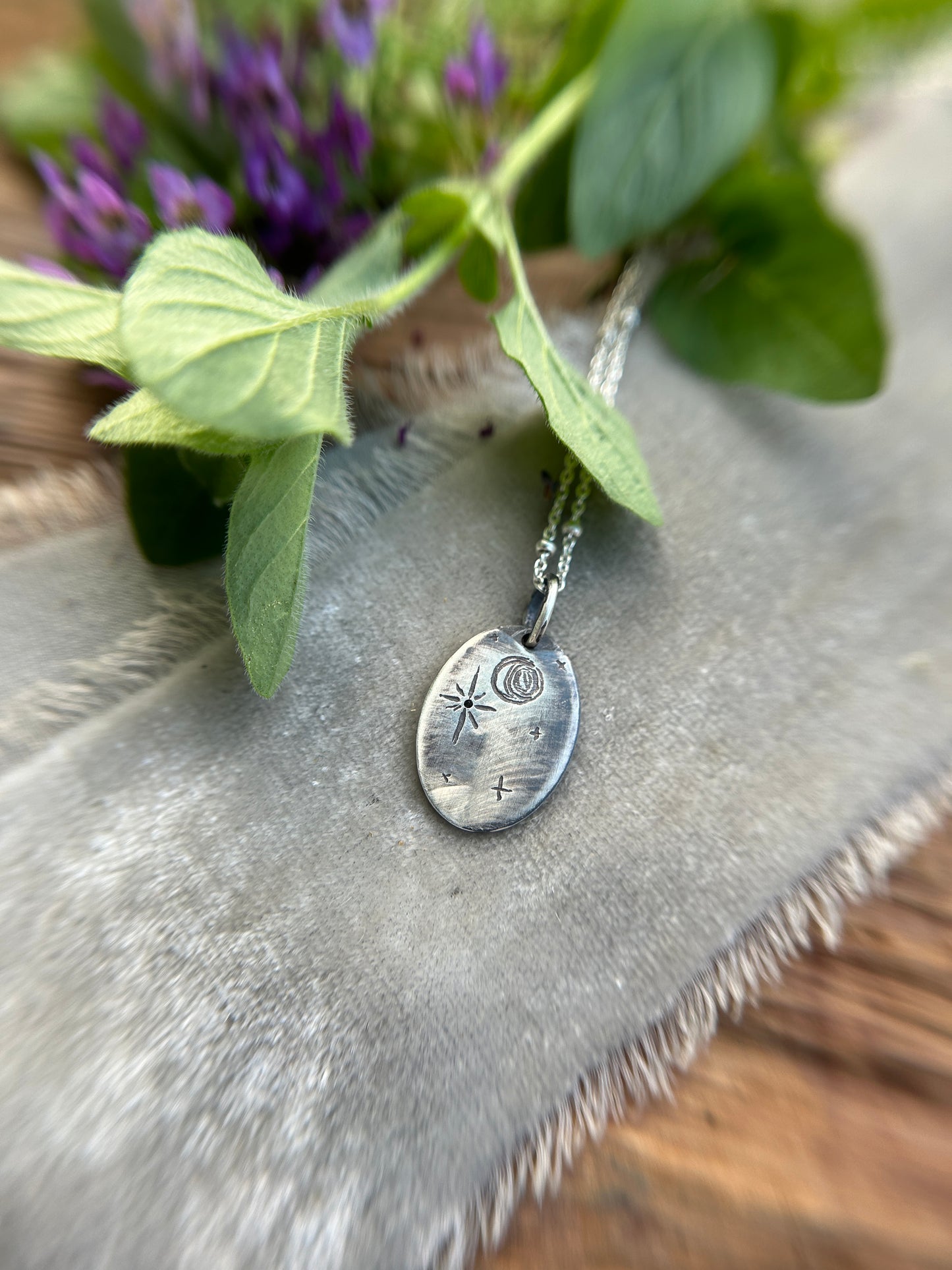 Engraved plant pendant with white sapphire necklace- sterling silver jewelry