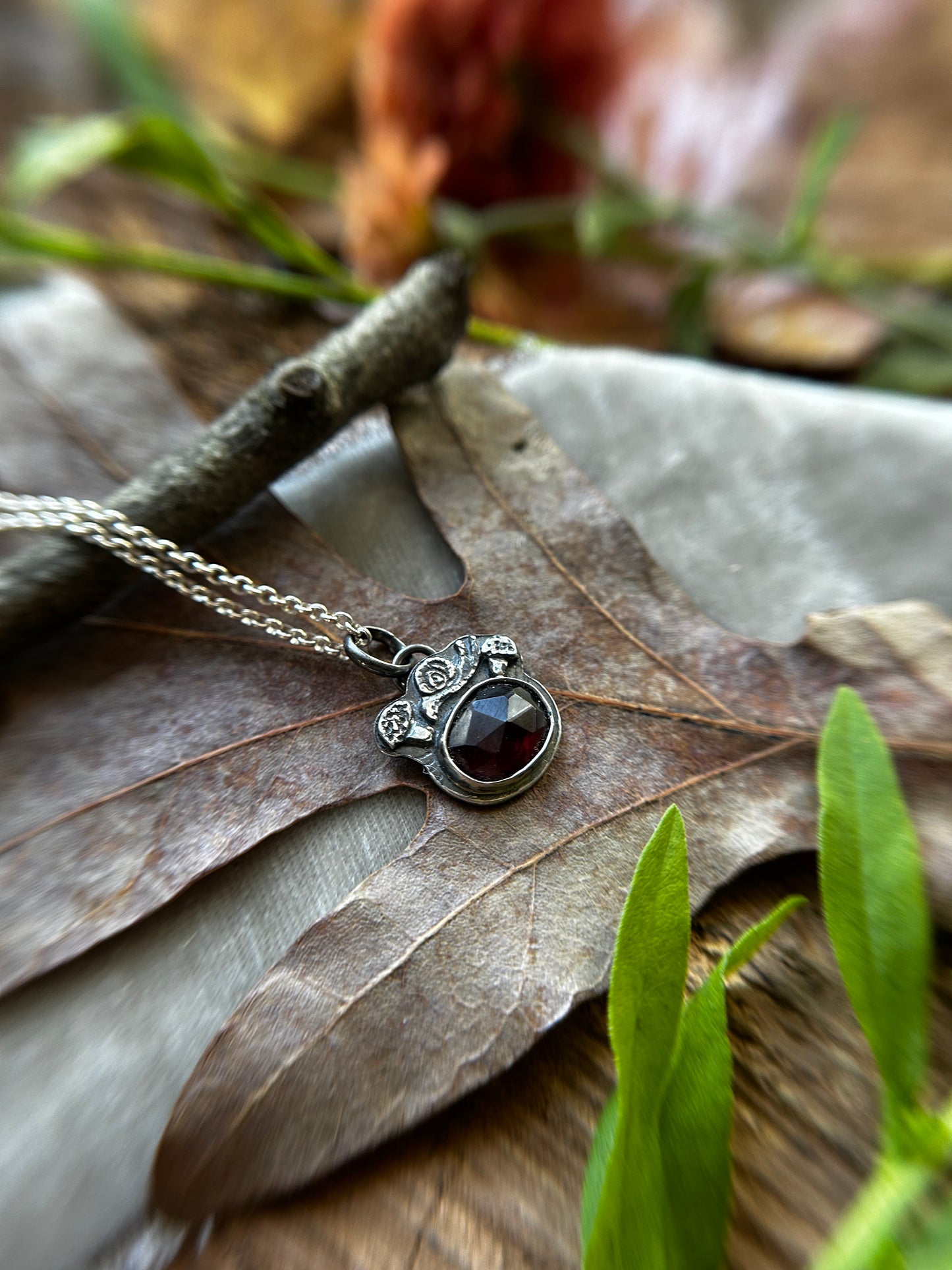 Mushroom Snail with Garnet Necklace- Sterling silver jewelry