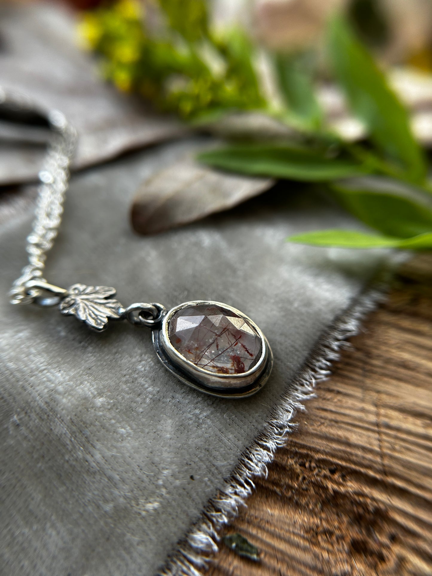 Red Rutilated Quartz Necklace with Maple Leaf & hidden tree detail- sterling silver jewelry