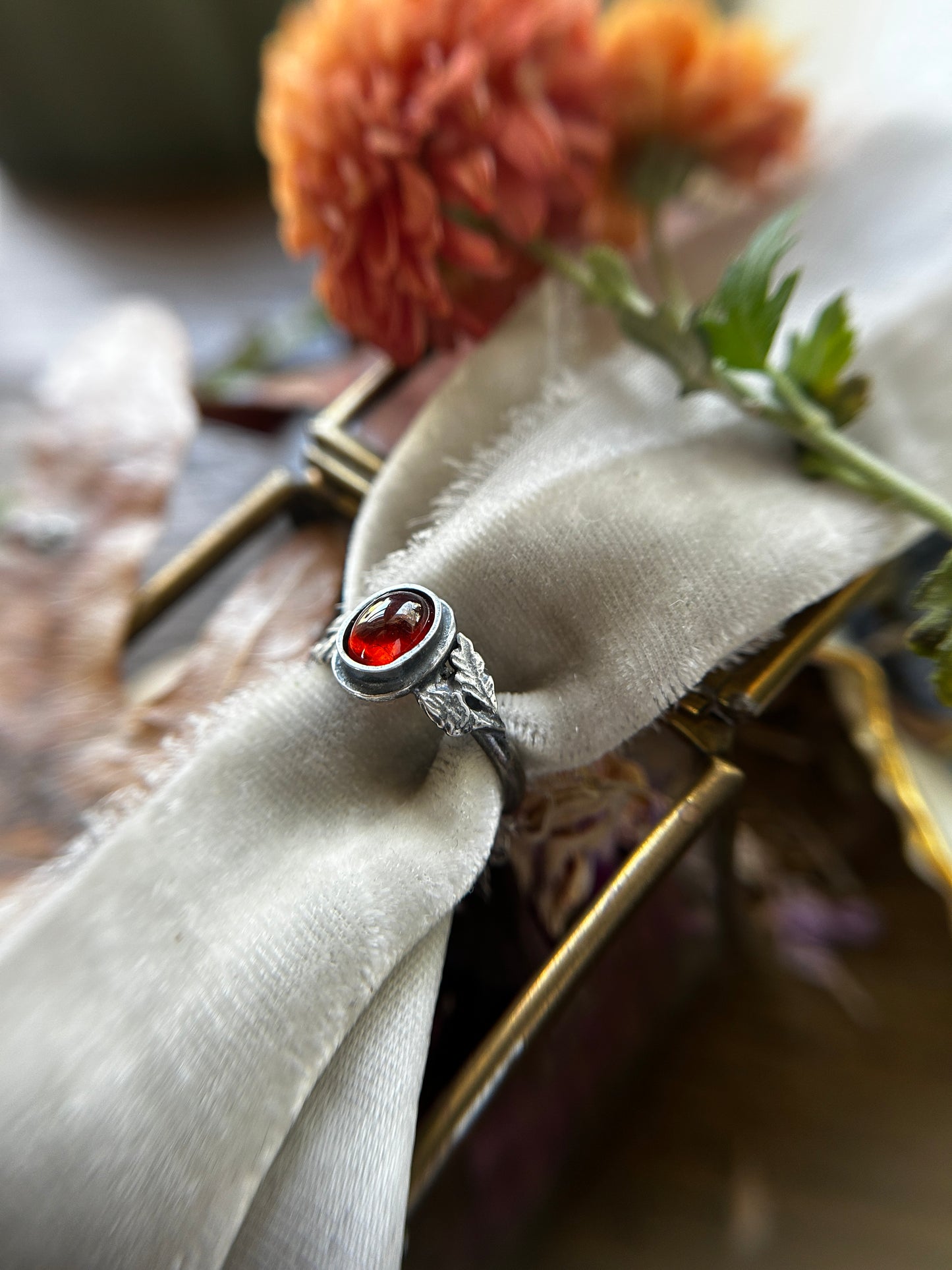Oak and Acorn Ring in choice of zircon or hessonite garnet- sterling silver jewelry