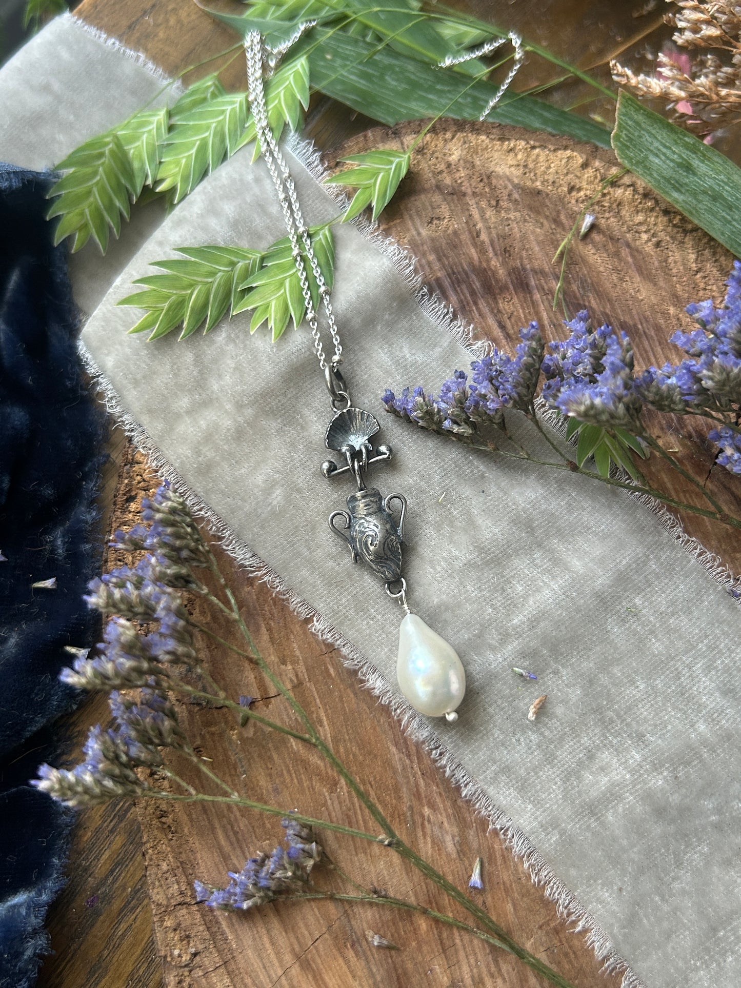Urn of the Sea Necklace PREORDER-choice of pearl or kyanite- sterling silver jewelry