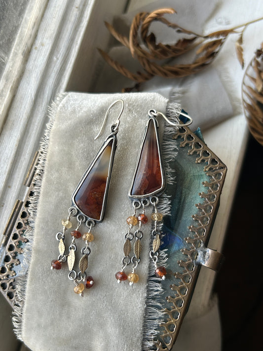 Carnelian Crow Earrings- sterling silver earrings with brass leaves and hessonite garnet details