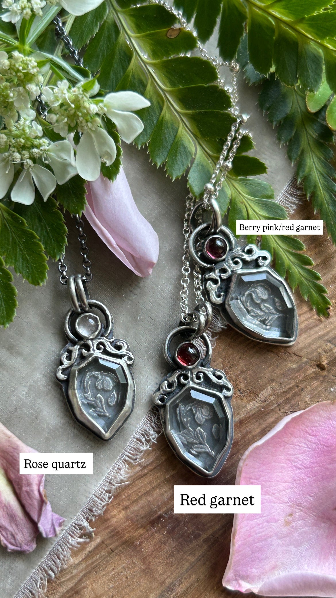 Enchanted rose necklace with portrait cut quartz & choice of garnet or rose quartz- Sterling silver jewelry