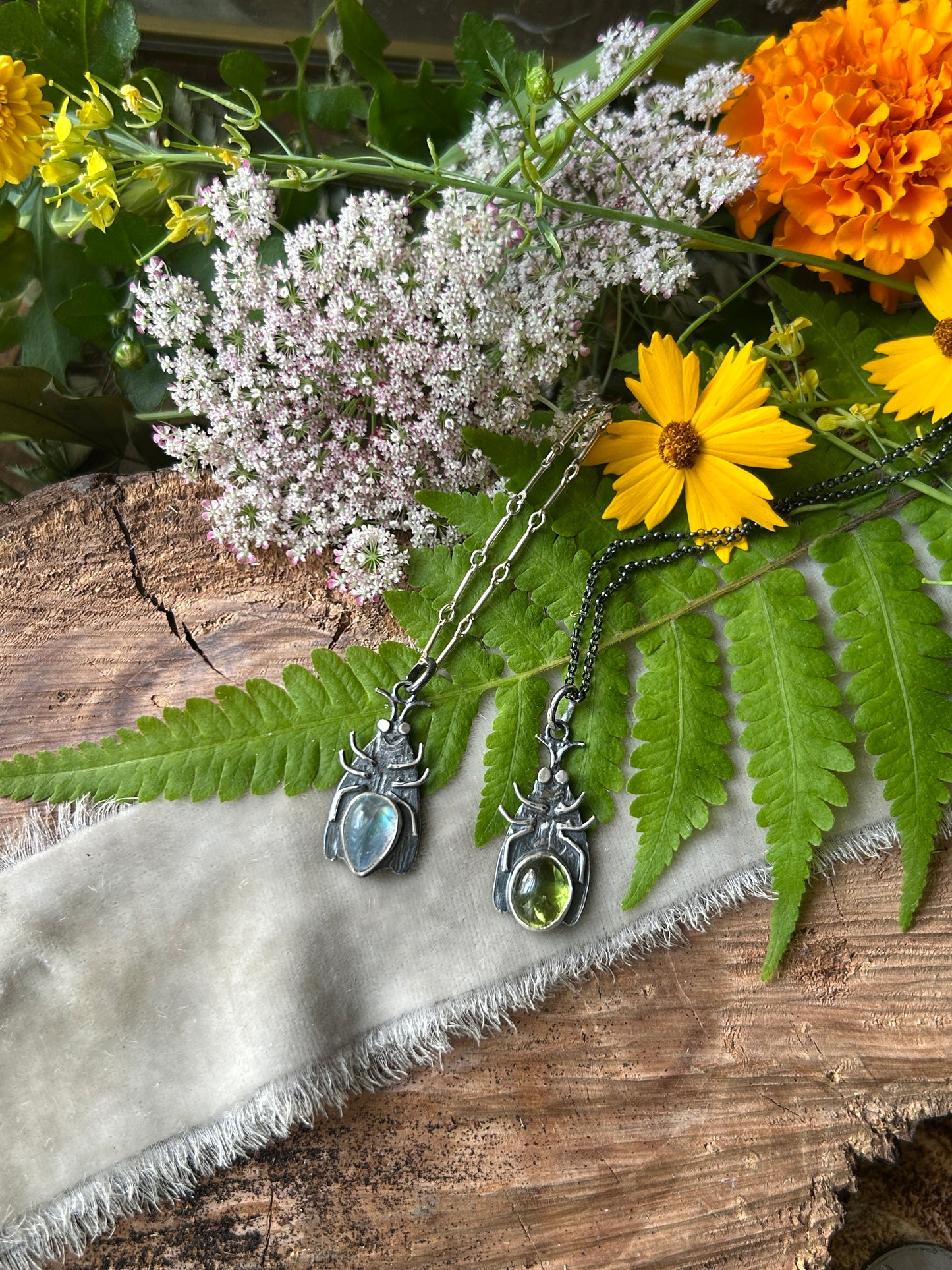 Firefly necklaces- moonstone or peridot-sterling silver handmade jewelry