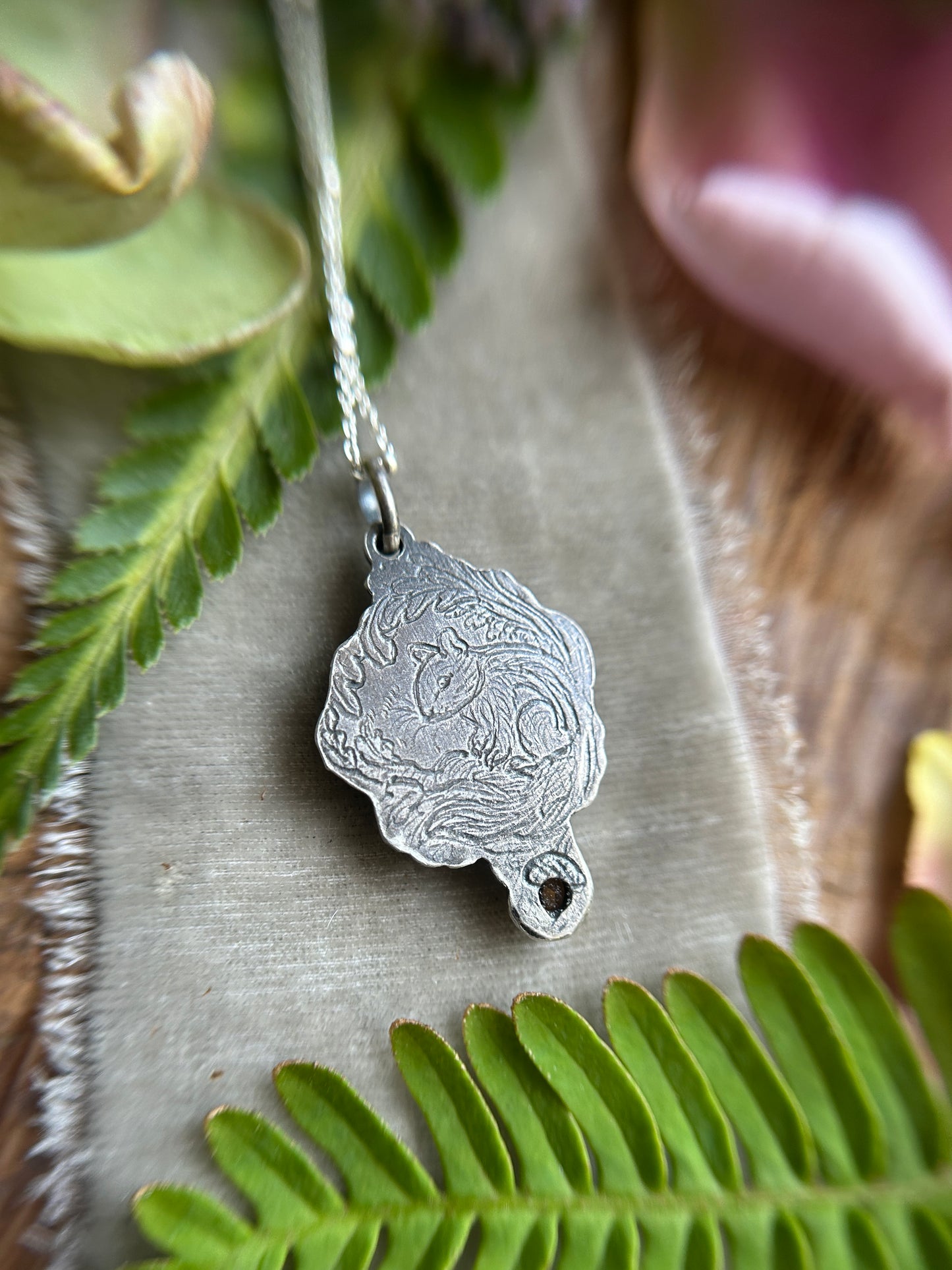 Hibernating chipmunk with portrait cut citrine & zircon necklace- Sterling silver and brass jewelry