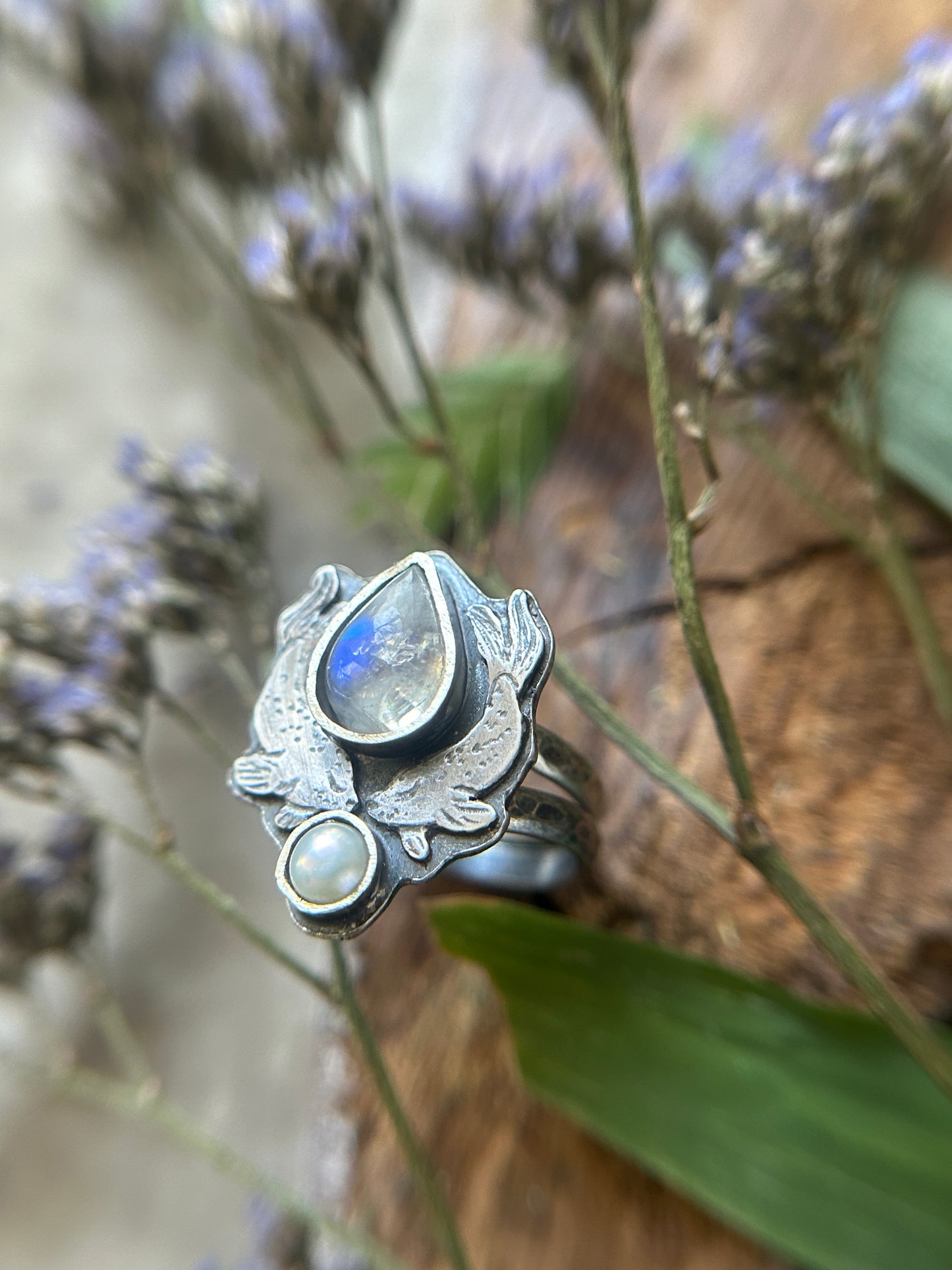 Selkie Tears Ring with Rainbow Moonstone and Pearl- sterling silver jewelry