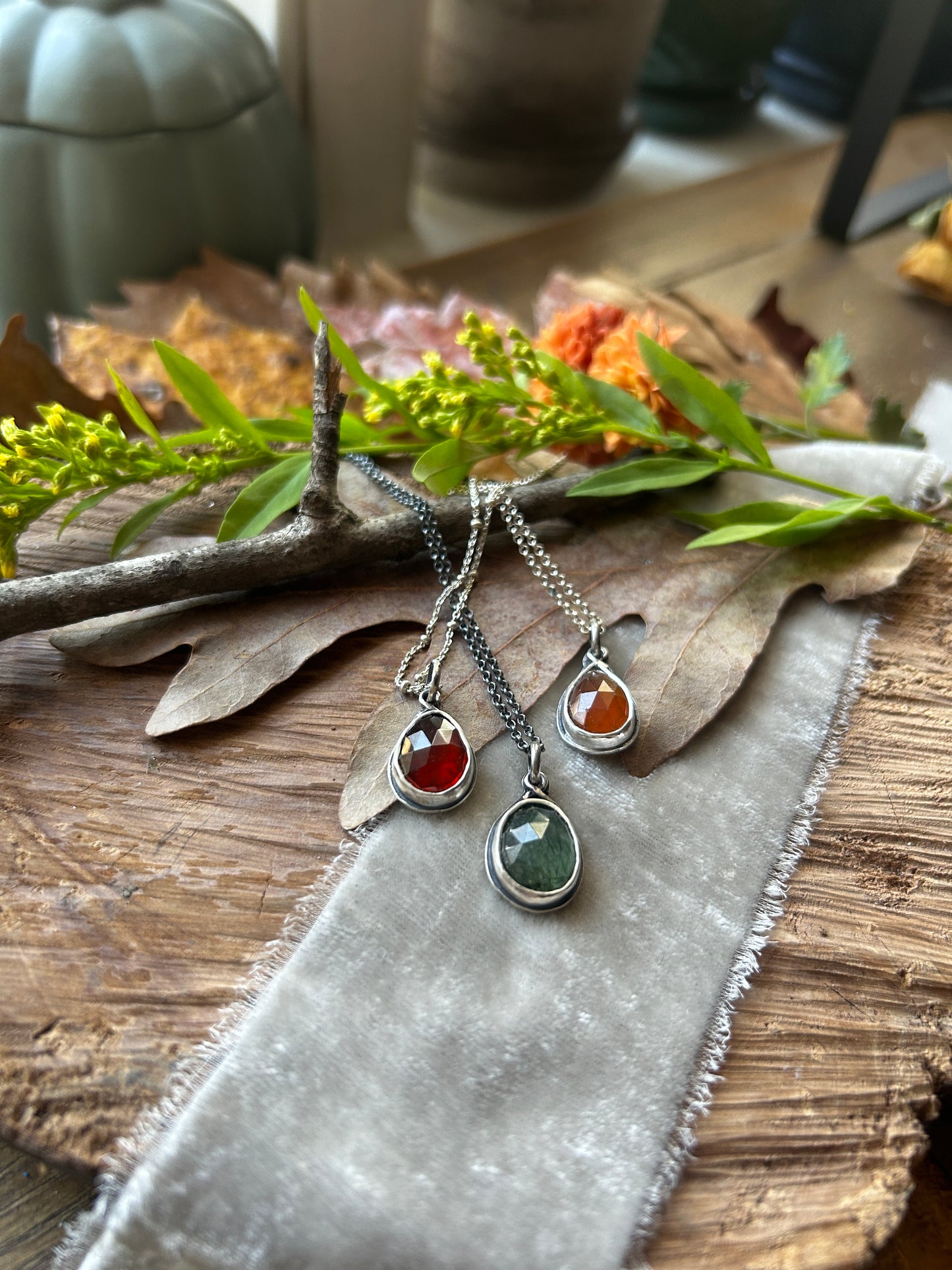 Hidden Forest Leaf Necklaces- choice of gem and leaf- sterling silver jewelry