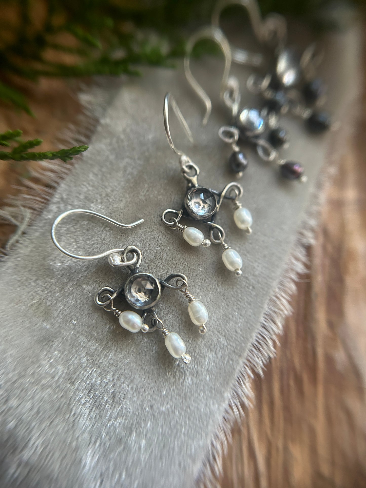 Skull Chandelier Earrings with black or white pearls- sterling silver memento mori jewelry