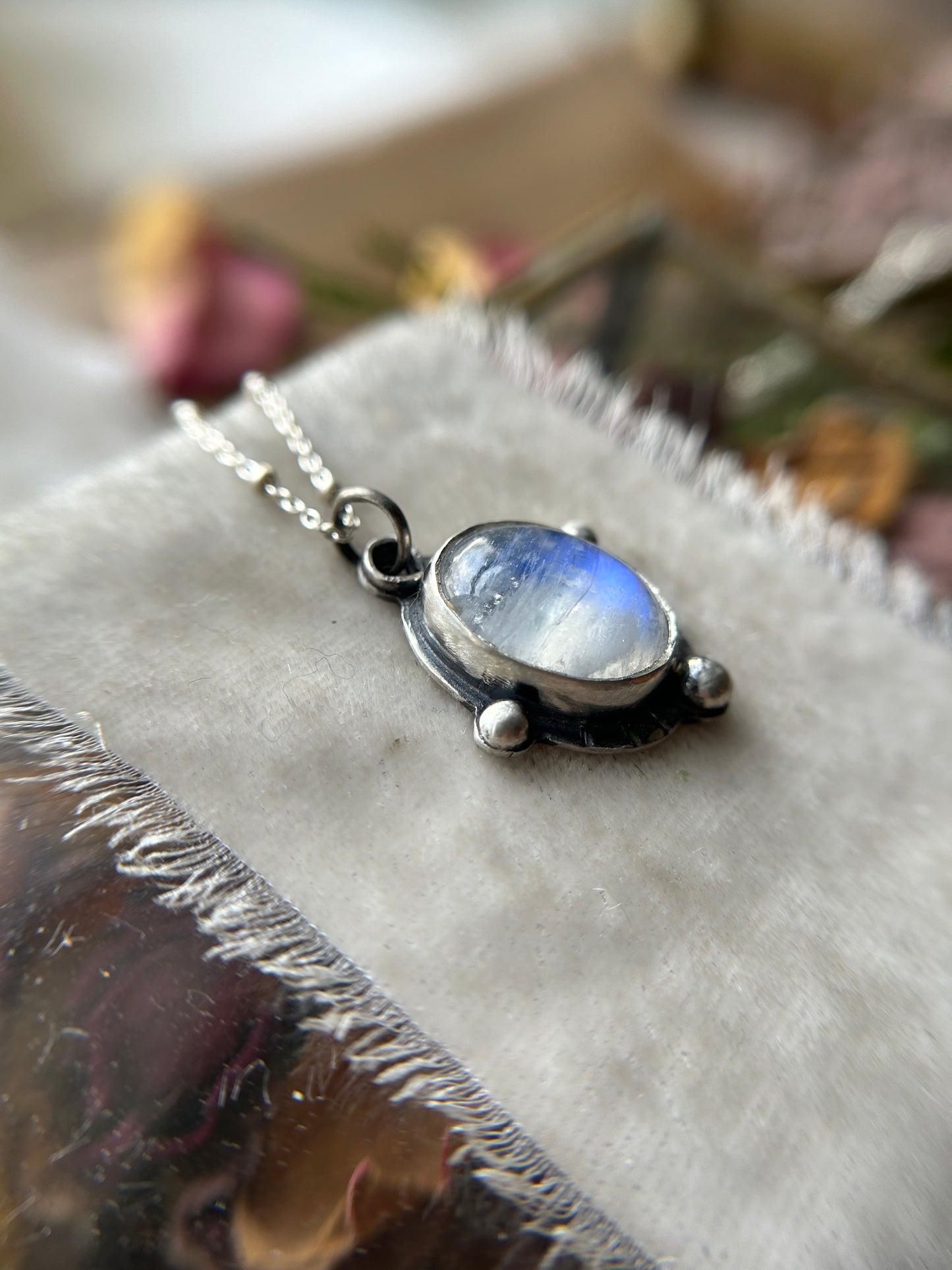 Rainbow Moonstone with Barn Owl back Necklace- sterling silver