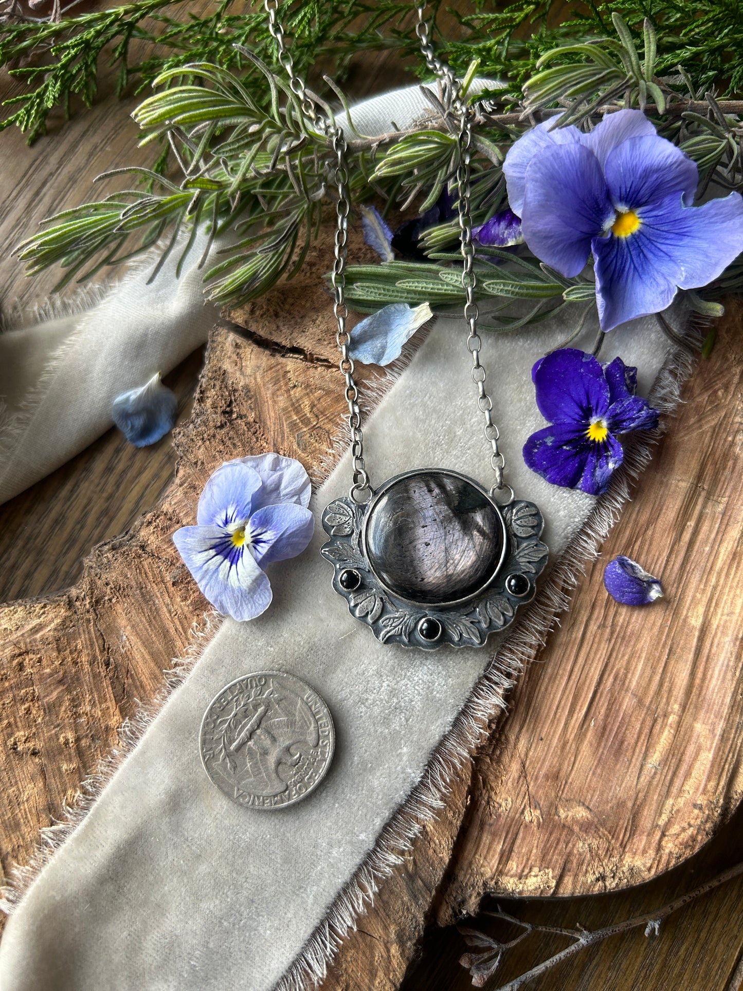 Hellebore Flowers with Hypersenthe and Black onyx- sterling silver necklace with adjustable chain