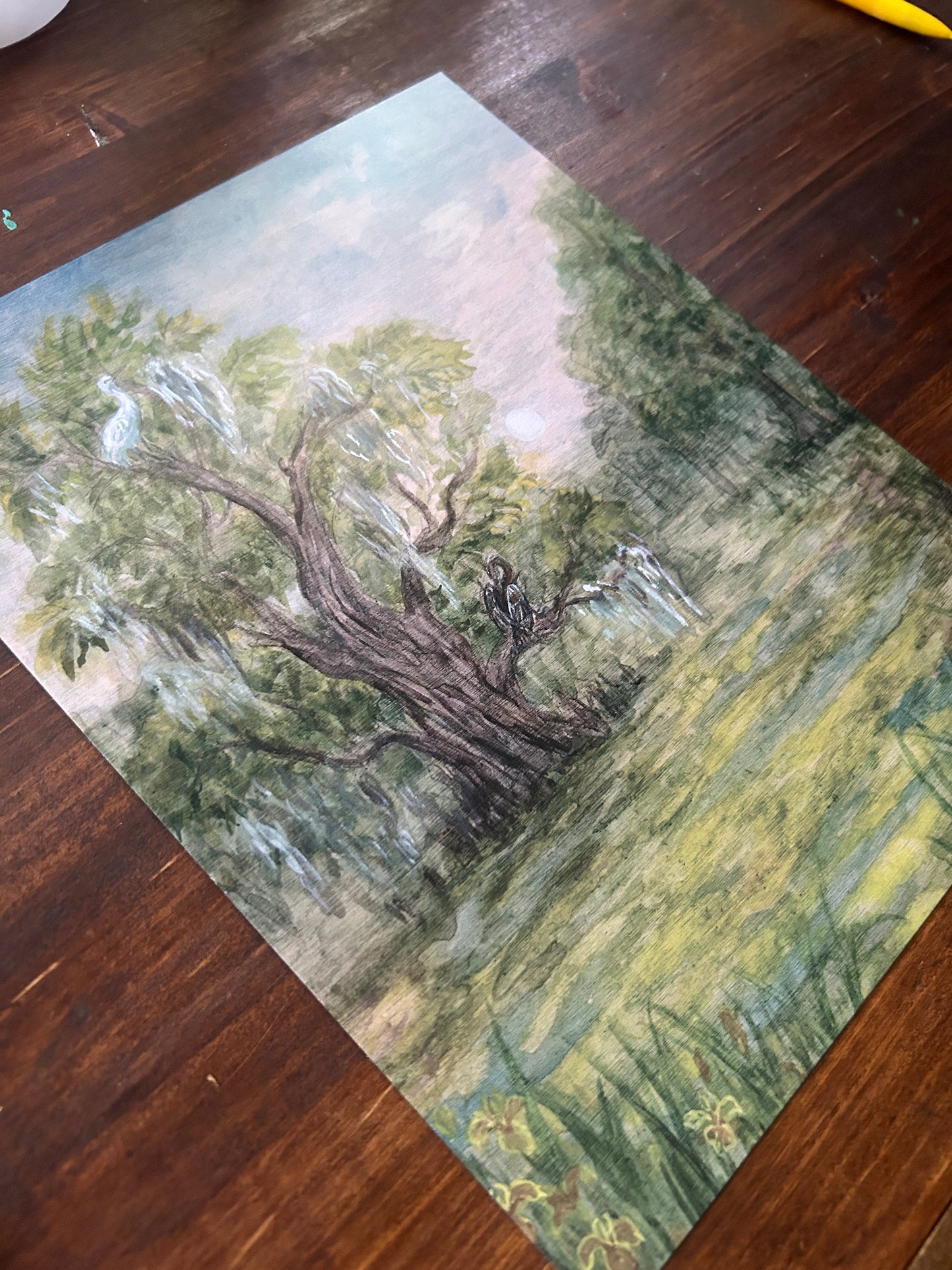 Summer in the swamp- art print of birds, cypress trees, and swamp iris