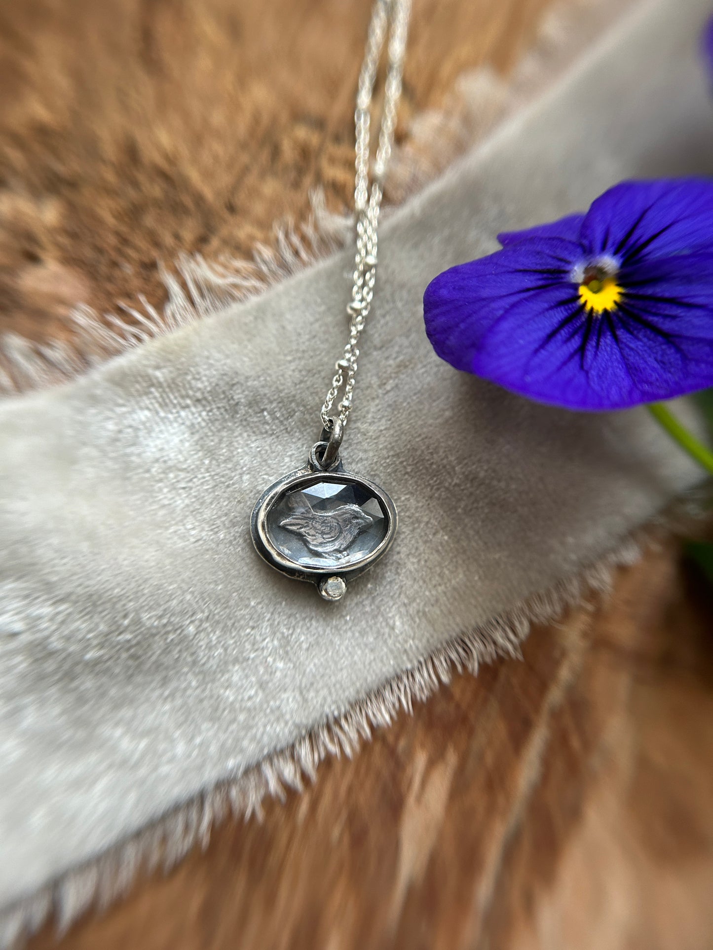 Woodland Wren Bird- quartz crystal and sterling silver necklace