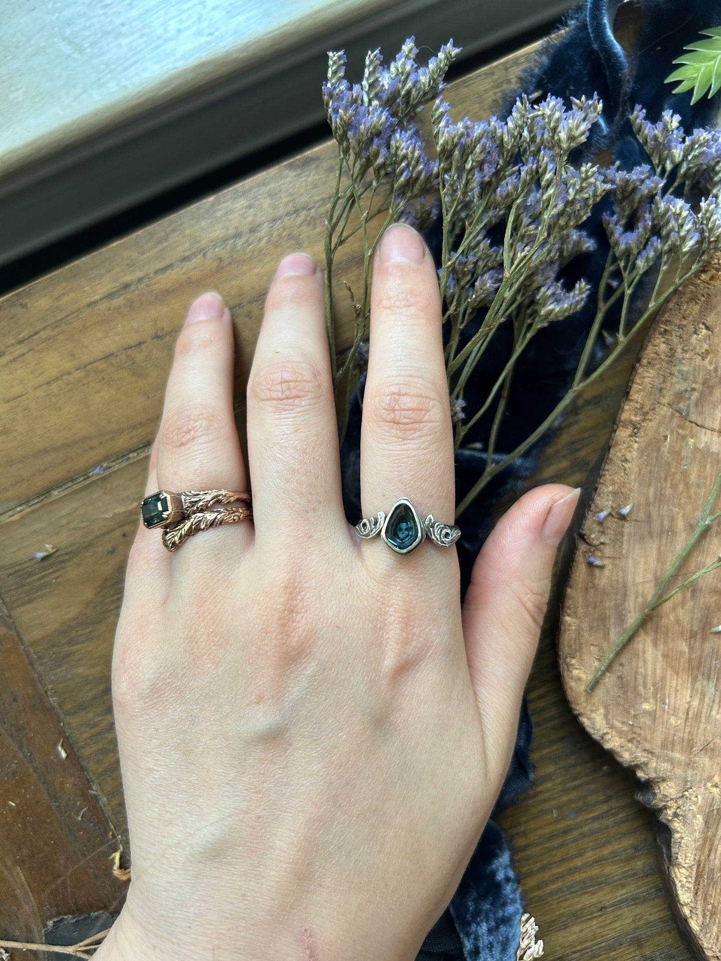 London Blue Topaz Memento Mori Skull and Waves Ring- sterling silver jewelry- MADE TO ORDER
