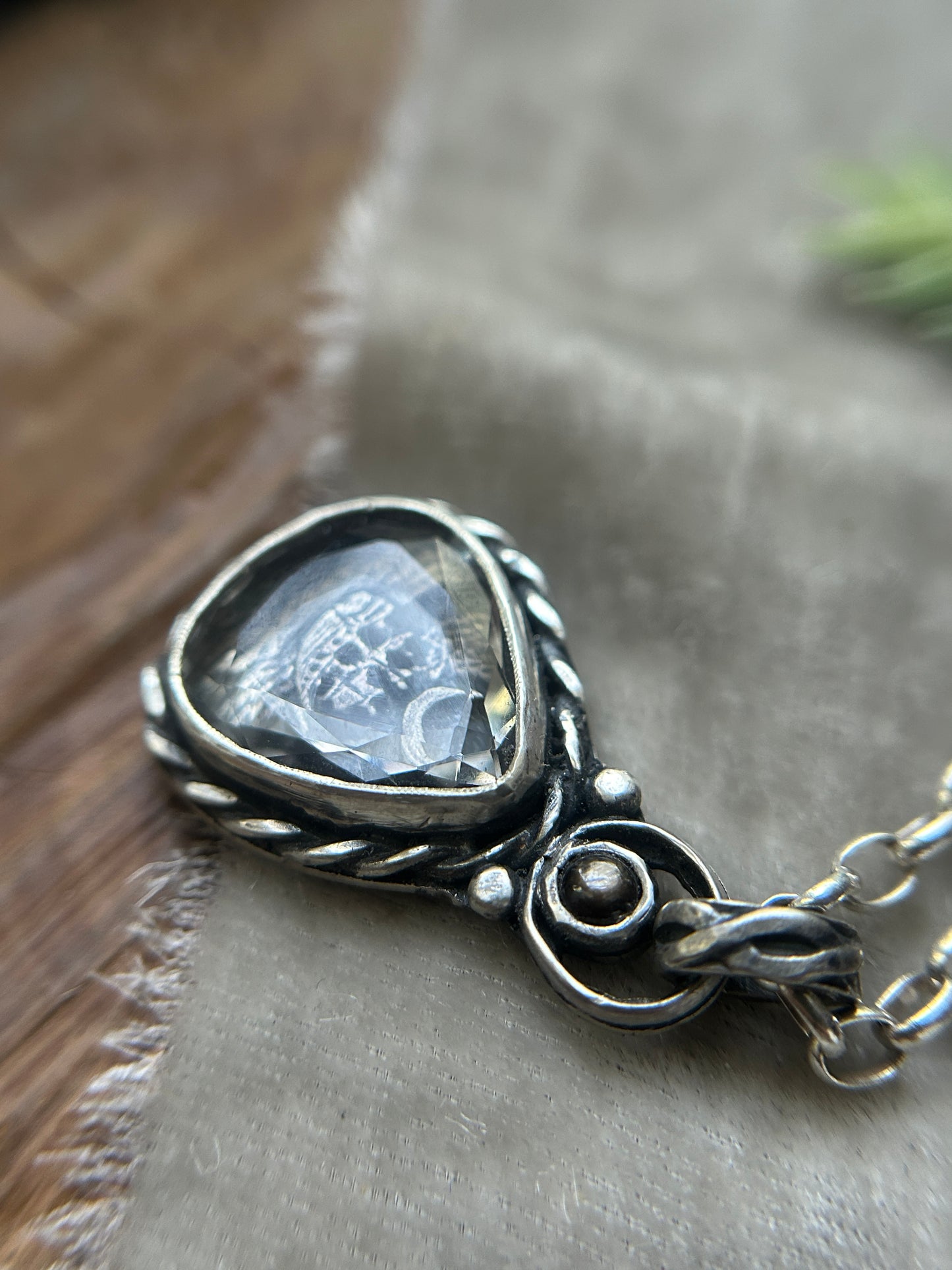 Moonlit Voyage Sailing Ship under Portrait Cut Quartz with a black star sapphire- sterling silver jewelry mourning