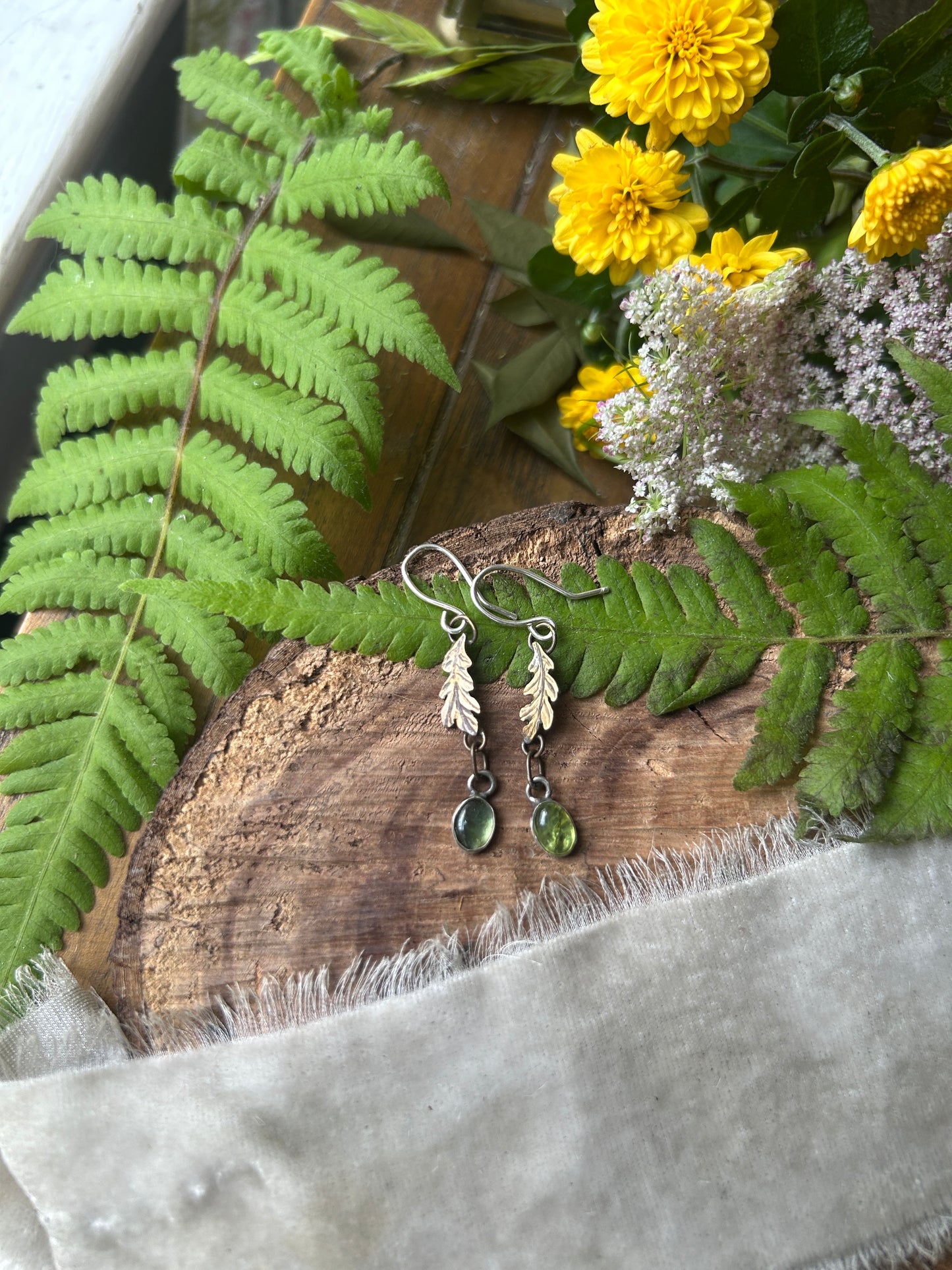 Oak leaves and Peridot earrings- sterling silver and brass jewelry