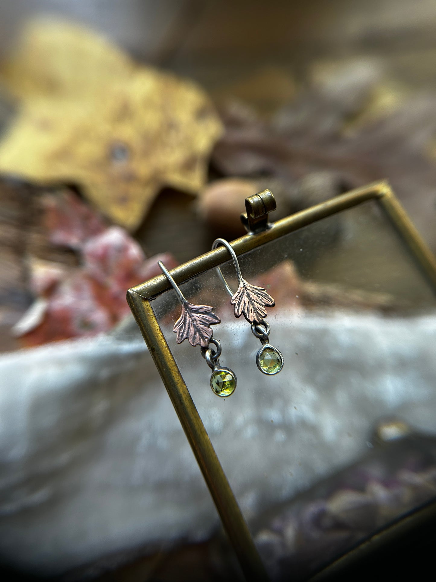 Woodland Leaf Earrings- sterling silver, brass, copper options with gem charm- jewelry
