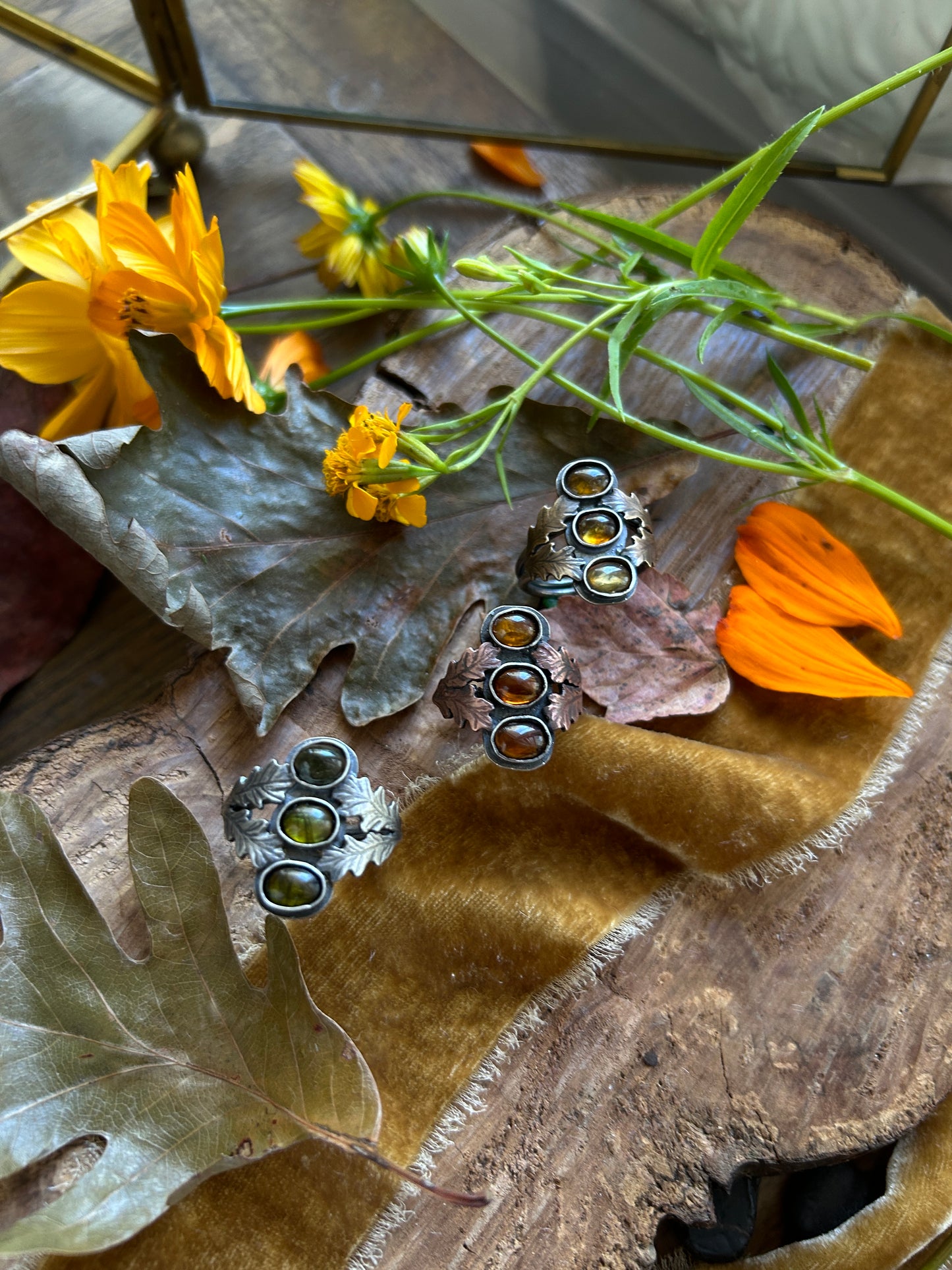 Tourmaline Autumn Forest Rings- any size- choice of green, orange, or yellow. Silver, copper, brass oak leaves