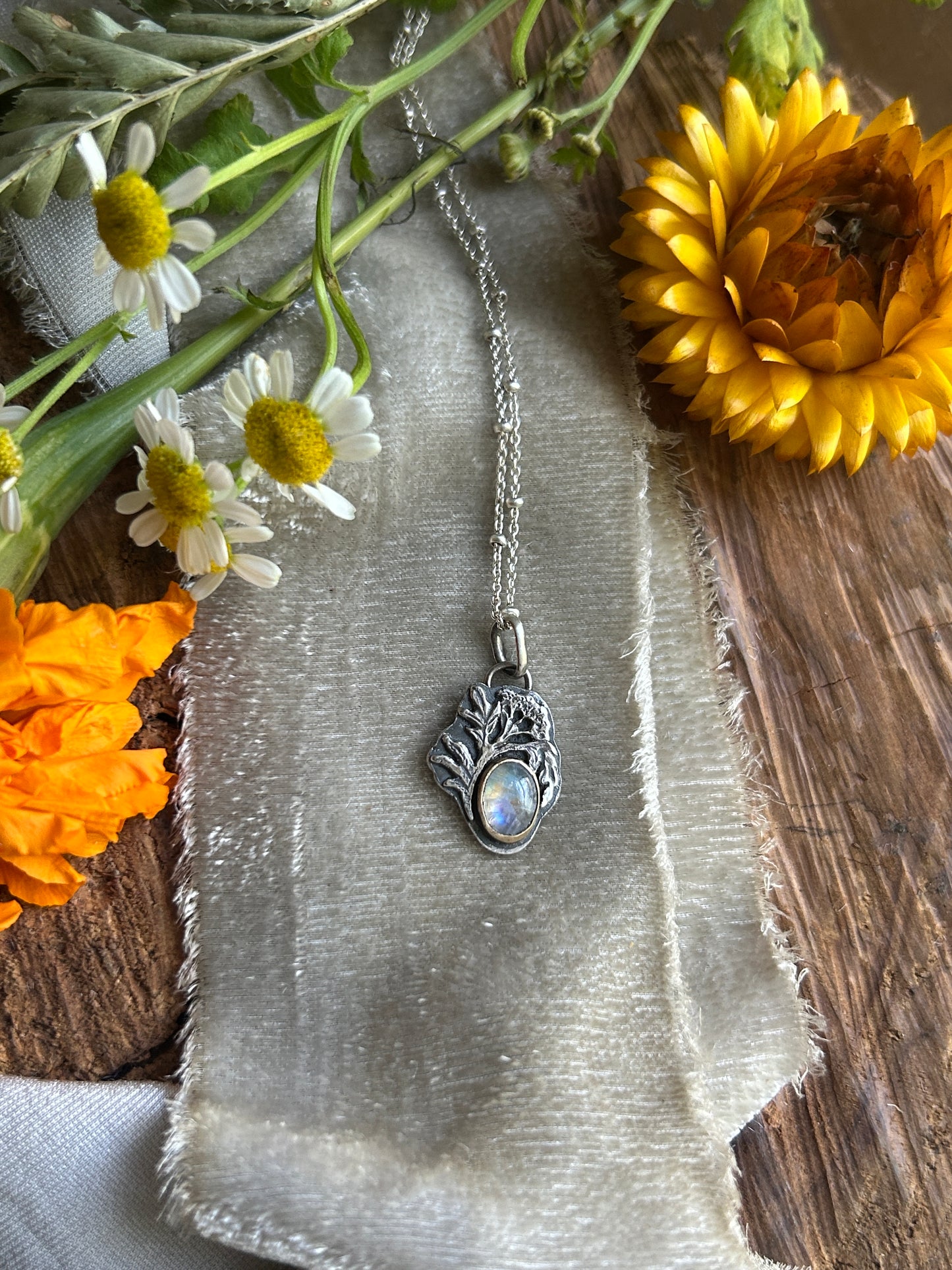 Rainbow moonstone elderflower necklace- brass and sterling silver jewelry