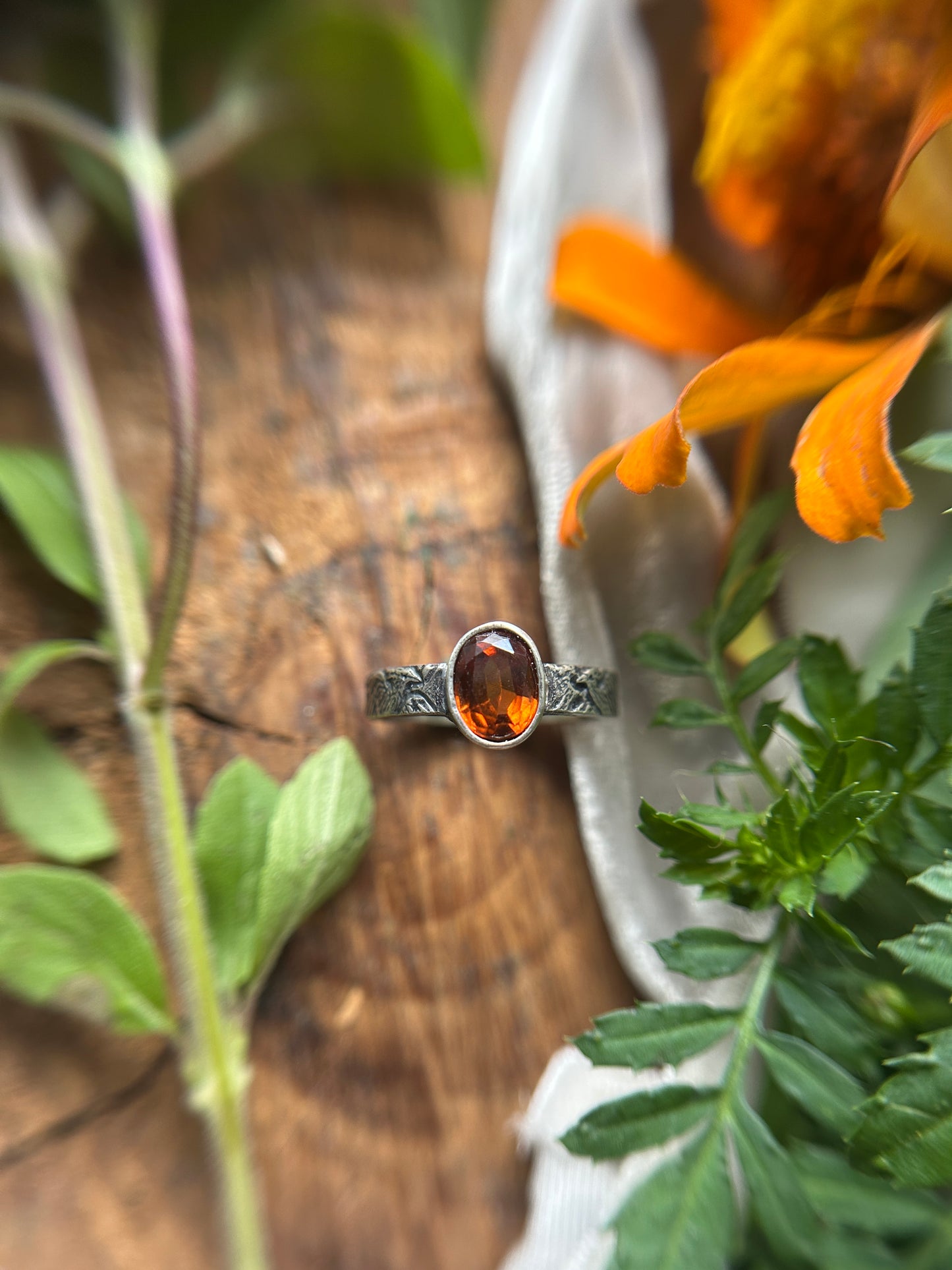Phoenix in Flight engraved ring with Hessonite Garnet- sterling silver jewelry