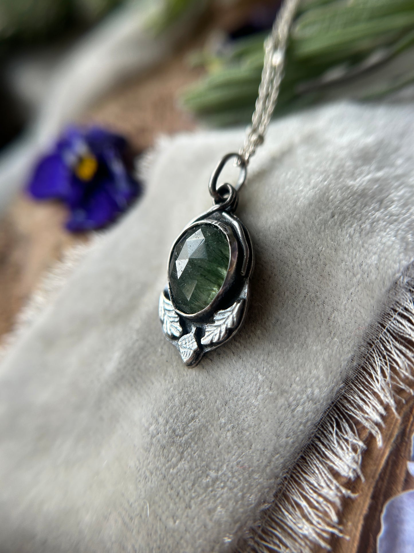 Green Rutilated Quartz Oak and Acorn Necklace with hibernating bear back- sterling silver jewelry