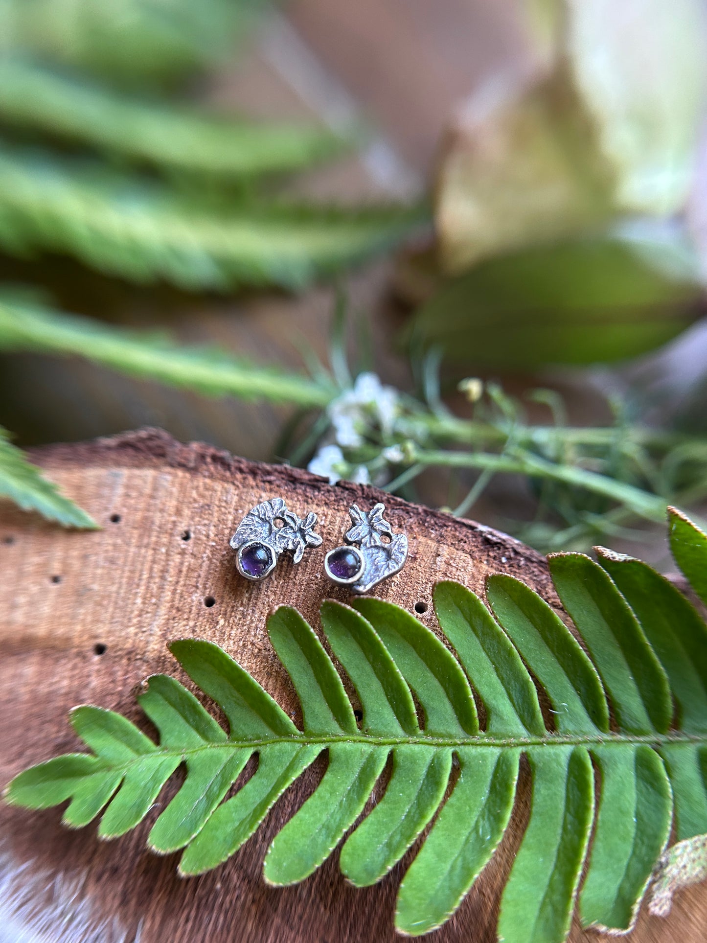 Wild violet post earrings with amethyst- Sterling silver jewelry
