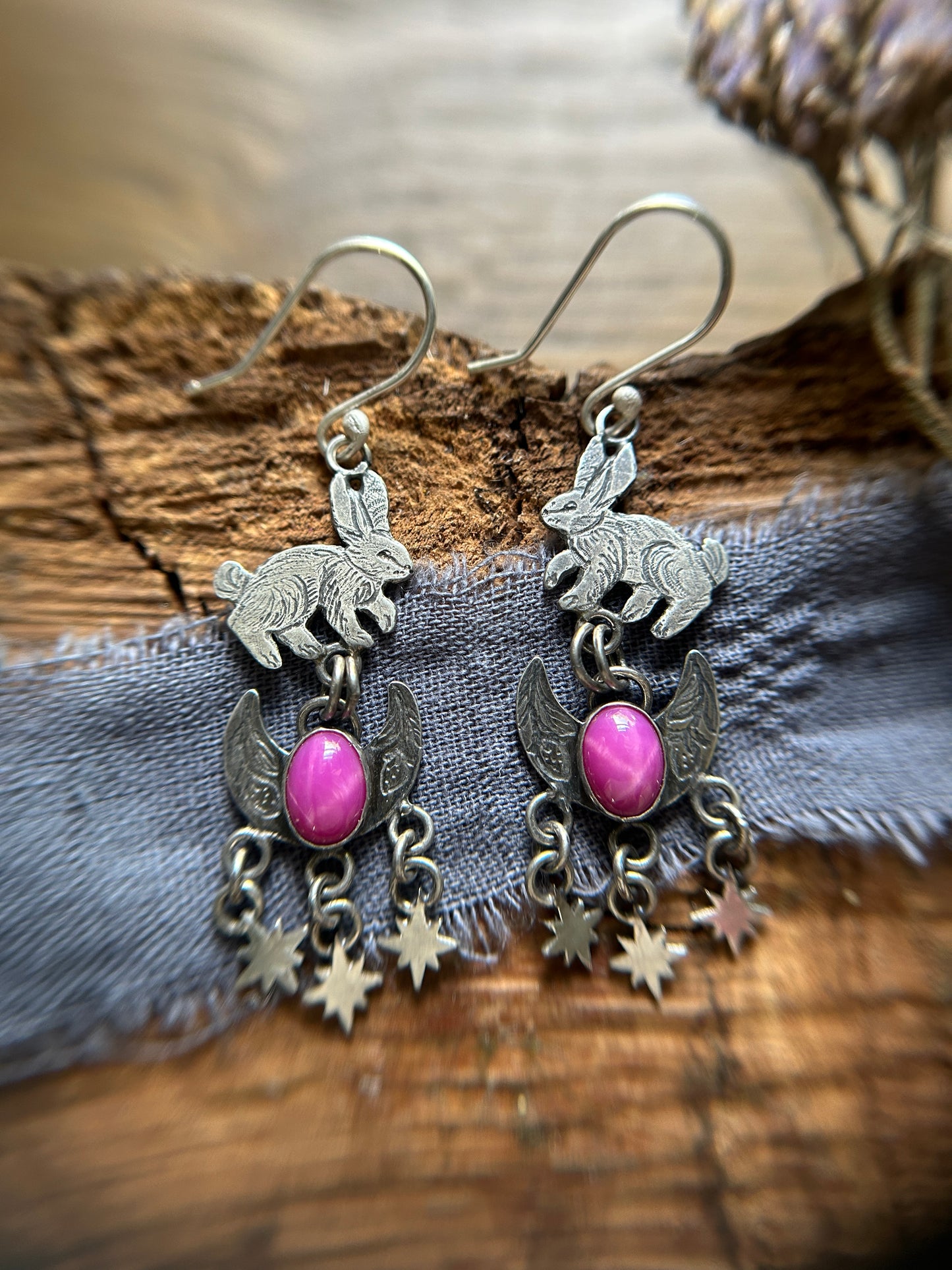 Strawberry Moon Bunny Earrings- Star Ruby Sterling silver jewelry )