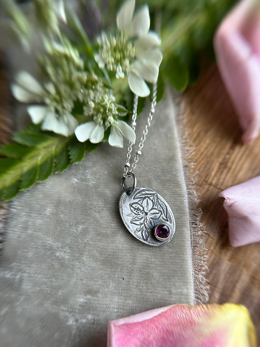 Azalea with rhodolite garnet necklace- Sterling silver jewelry