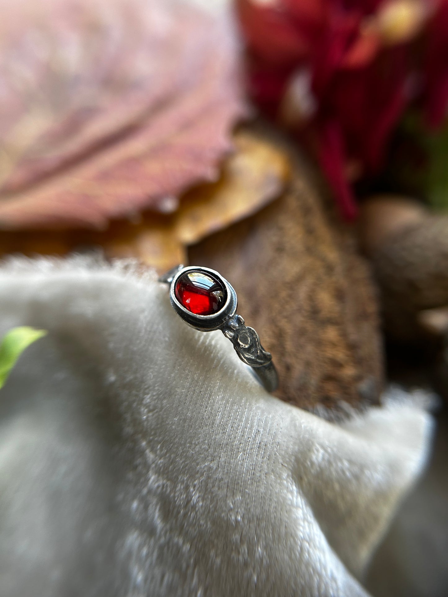 Pomegranate Garnet Ring with hidden moon- sterling silver jewelry