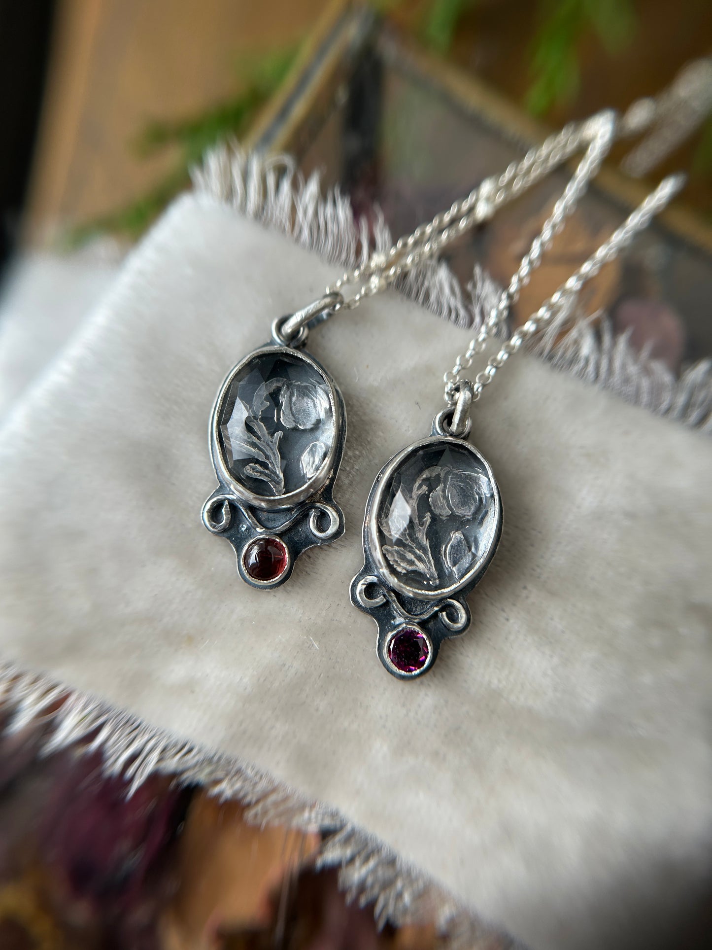 "mini" enchanted rose under quartz with garnet- sterling silver necklace