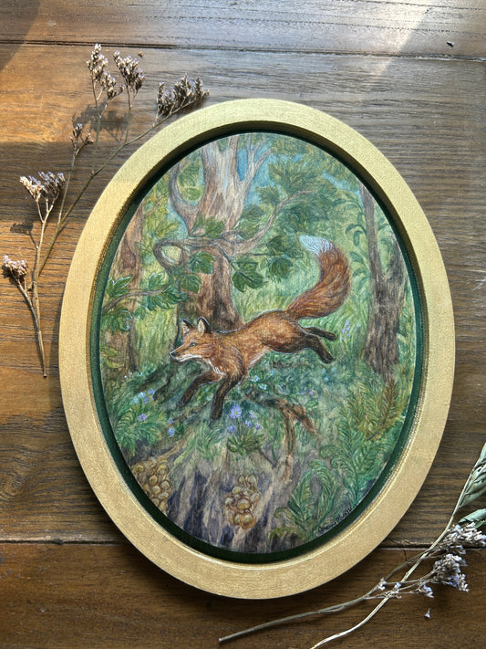 Fox Frolic through the Forest- Original watercolor painting on wood- oval shaped floating frame painting