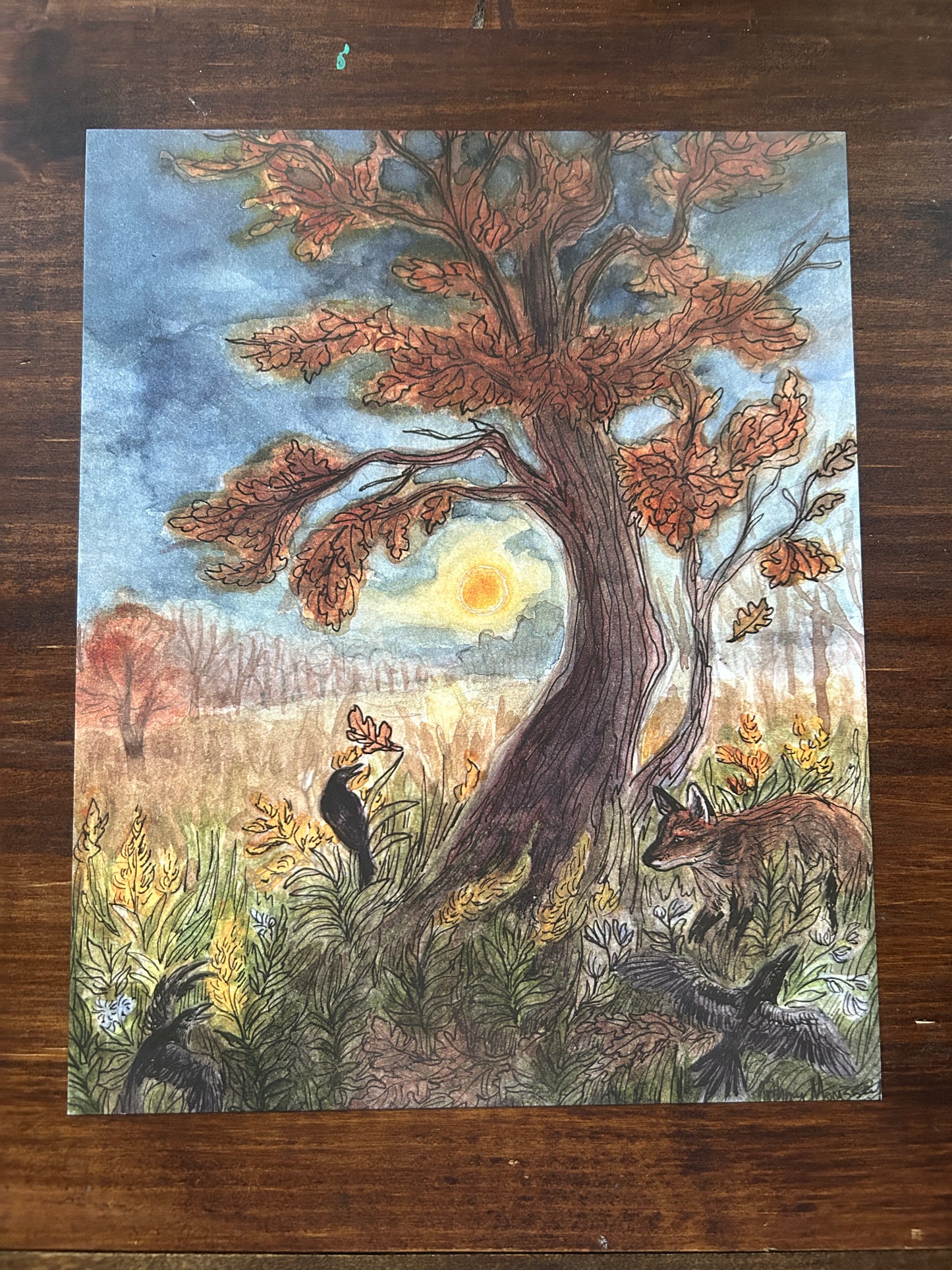 Art print Fox and Crows under the Harvest moon 8x10 size