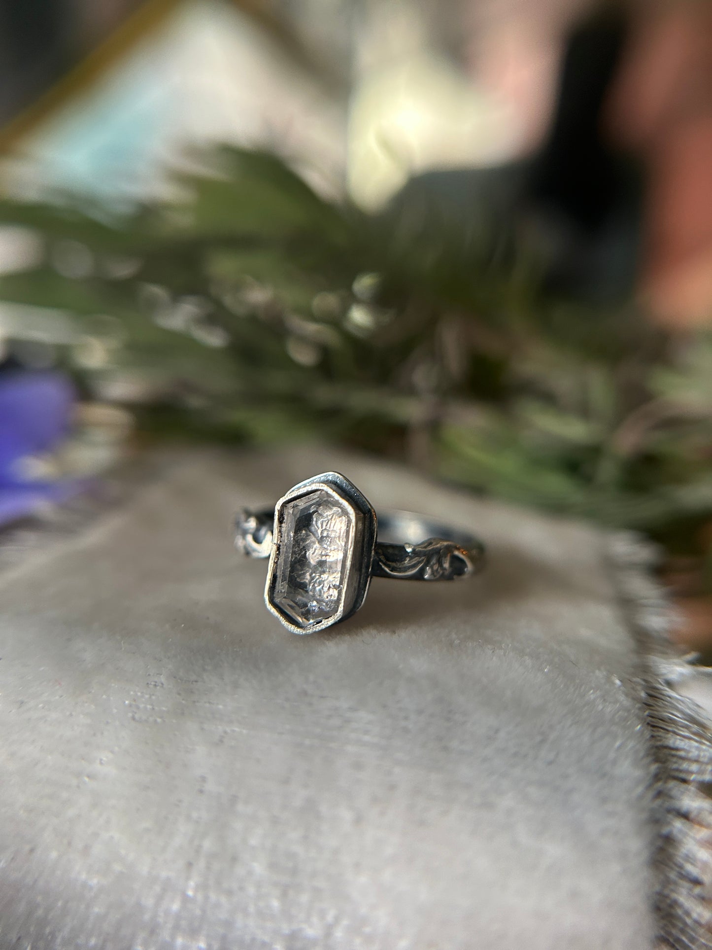 Pansy flower under quartz hexagon- sterling silver ring with swirl sprigs