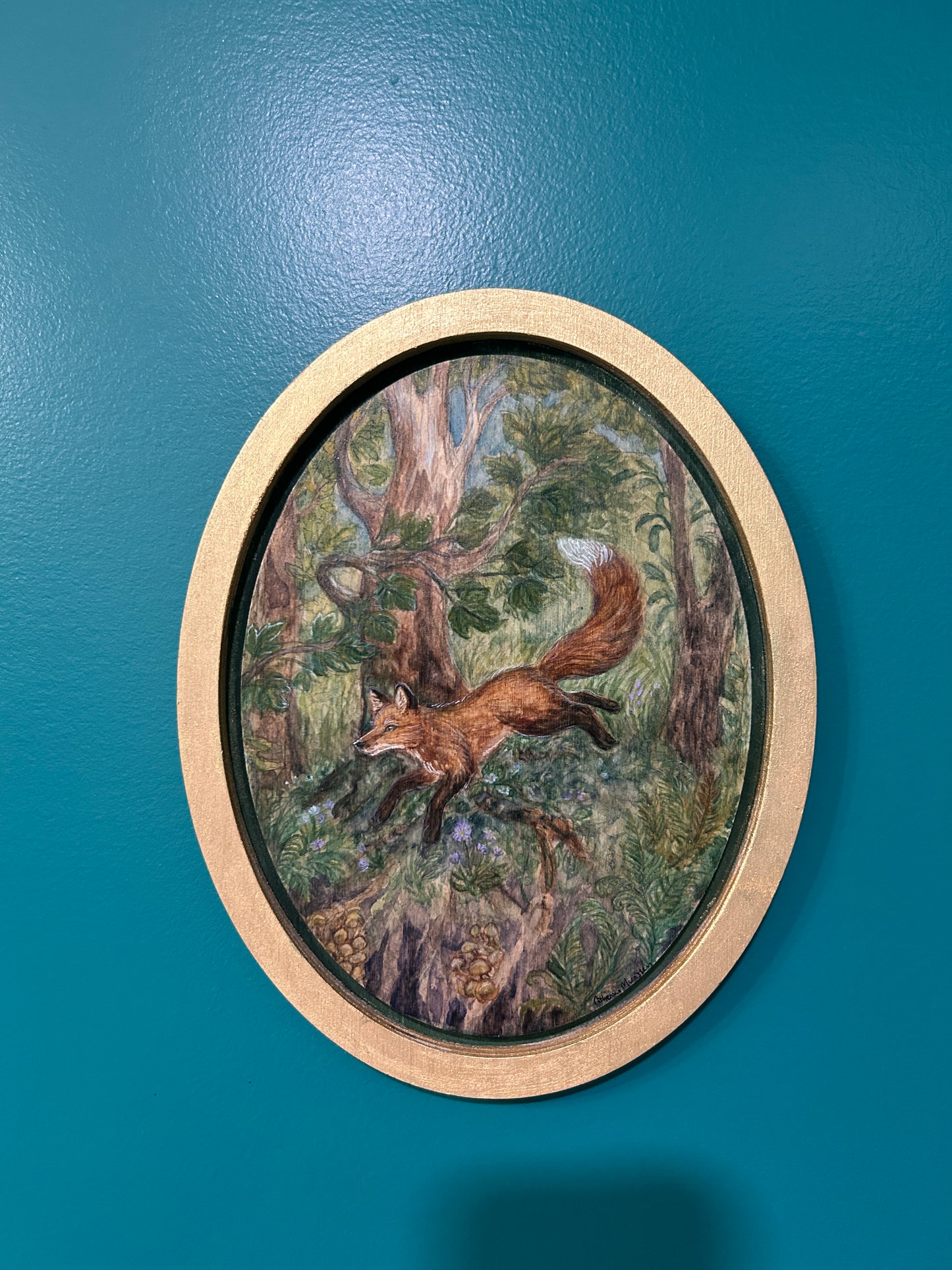 Fox Frolic through the Forest- Original watercolor painting on wood- oval shaped floating frame painting