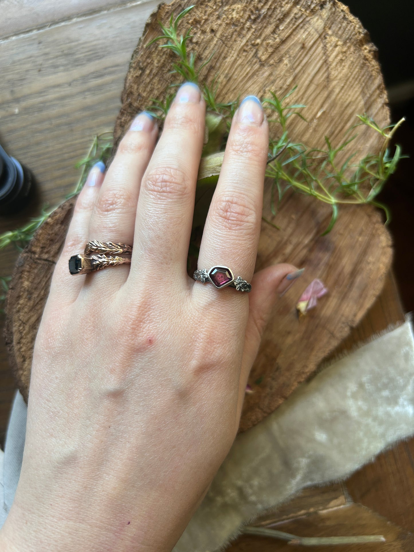 Azalea flowers and skull ring with portrait cut shield shaped rhodolite garnet- Sterling silver jewelry