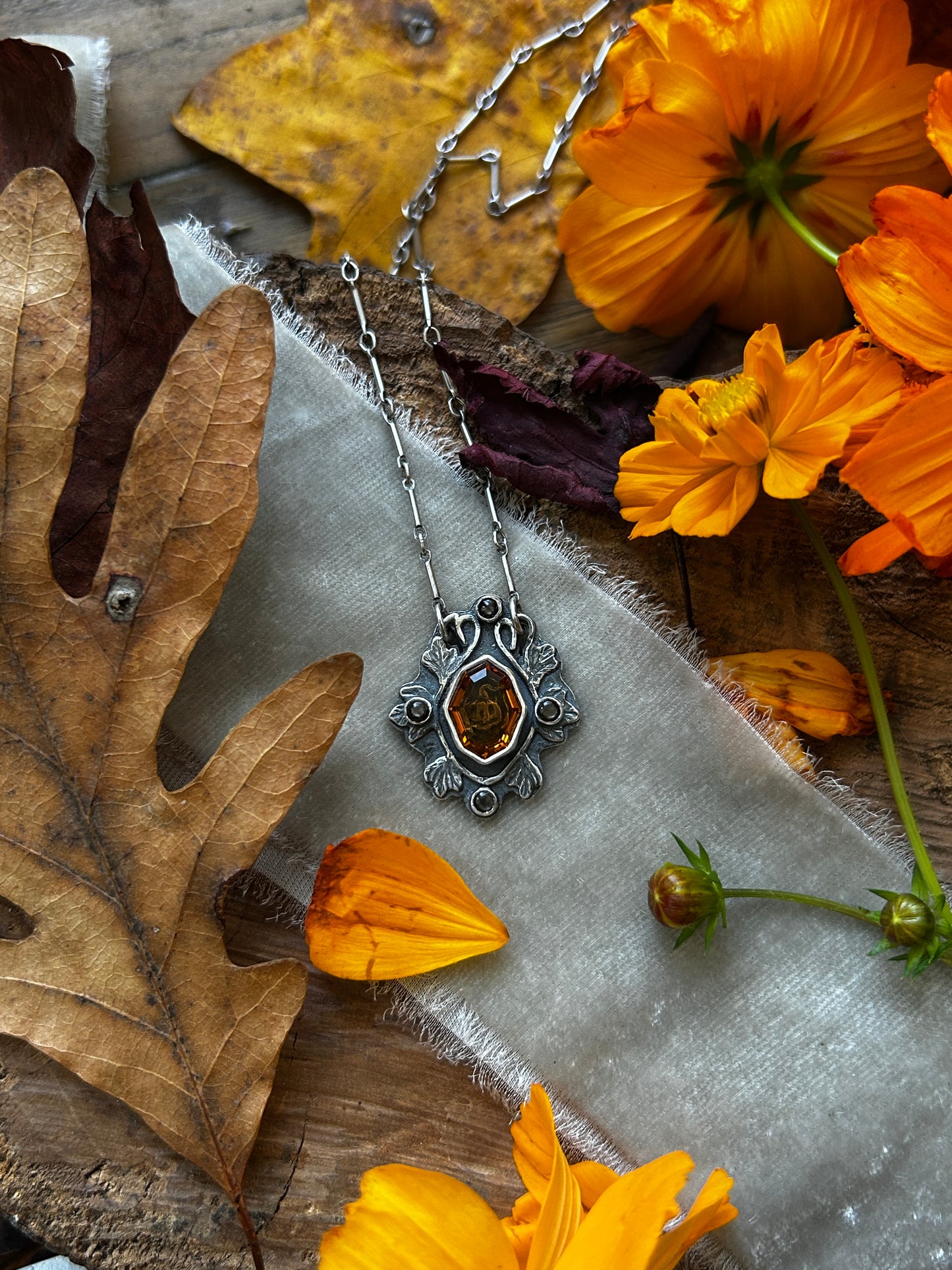 All Hallows Eve Jack-o-lantern necklace with santa ana madiera citrine stone- sterling silver jewelry