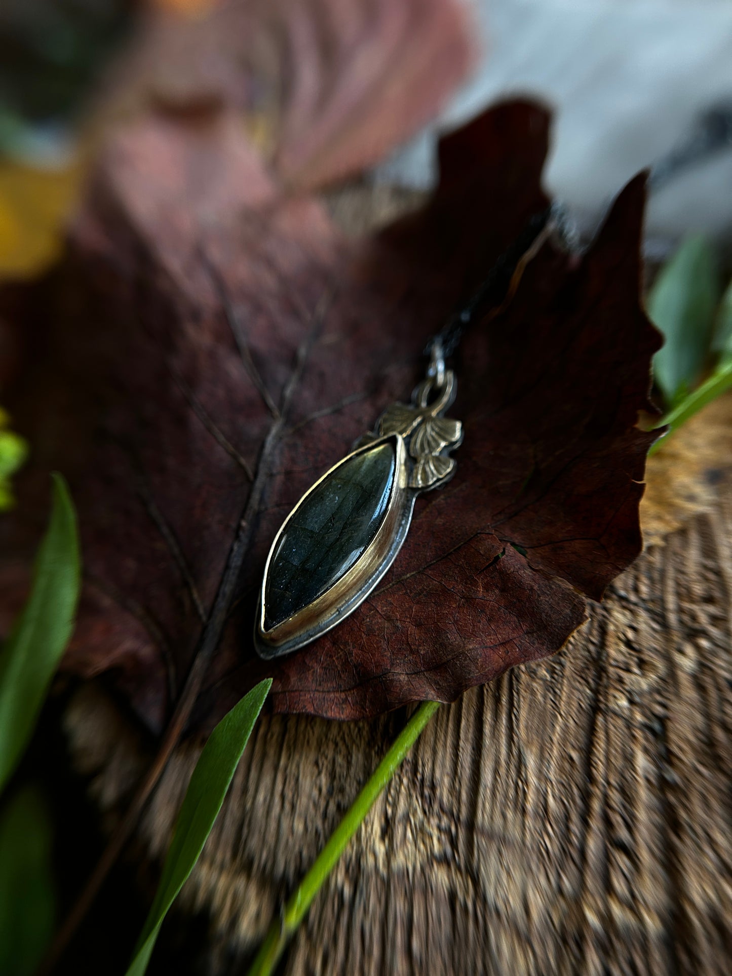 Golden Labradorite Ginkgo Leaf Necklace- sterling silver and brass jewelry