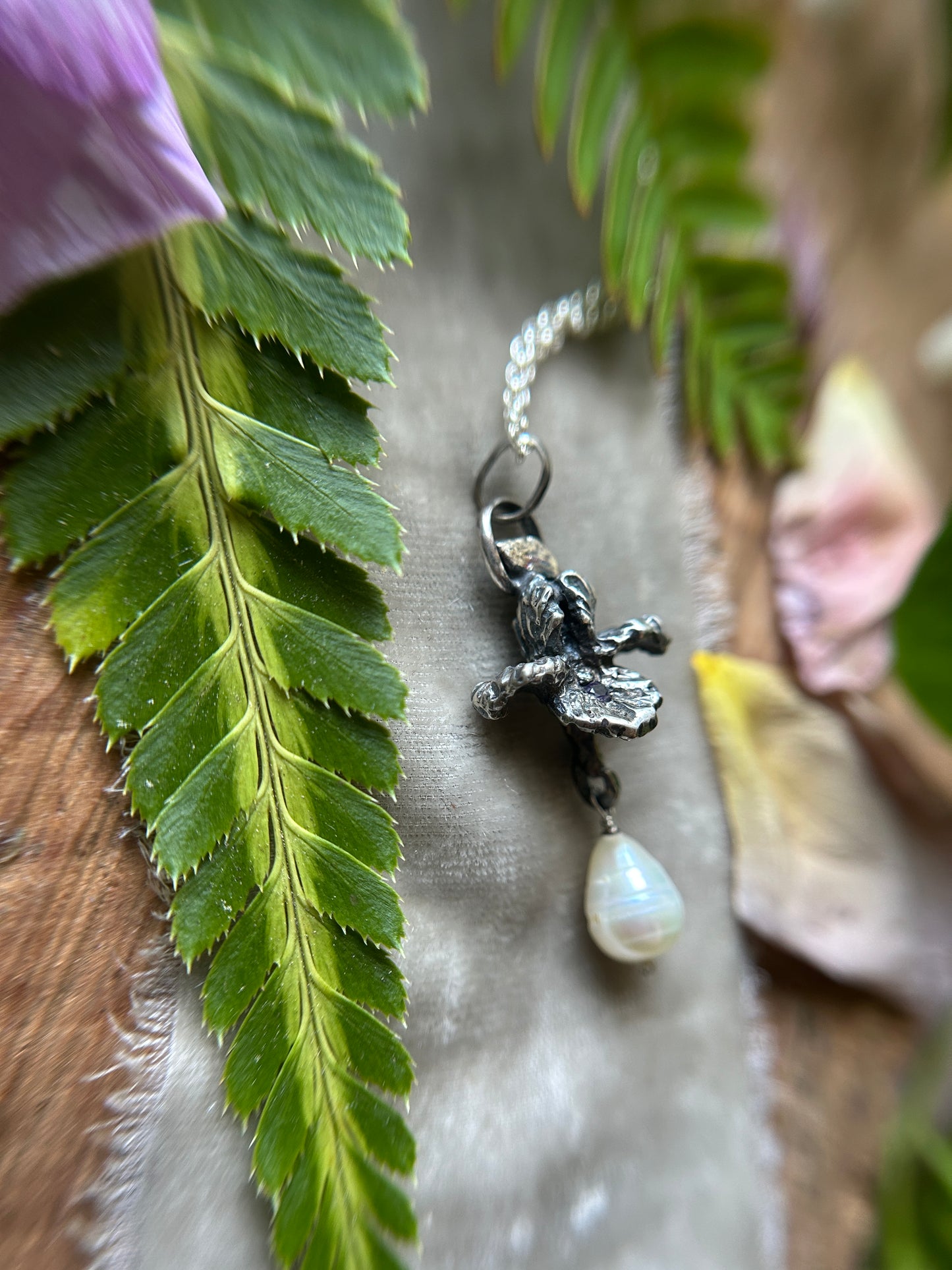 Iris with amethyst and baroque pearl drop necklace- Sterling silver jewelry