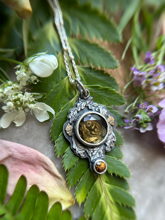 Hibernating chipmunk with portrait cut citrine & zircon necklace- Sterling silver and brass jewelry