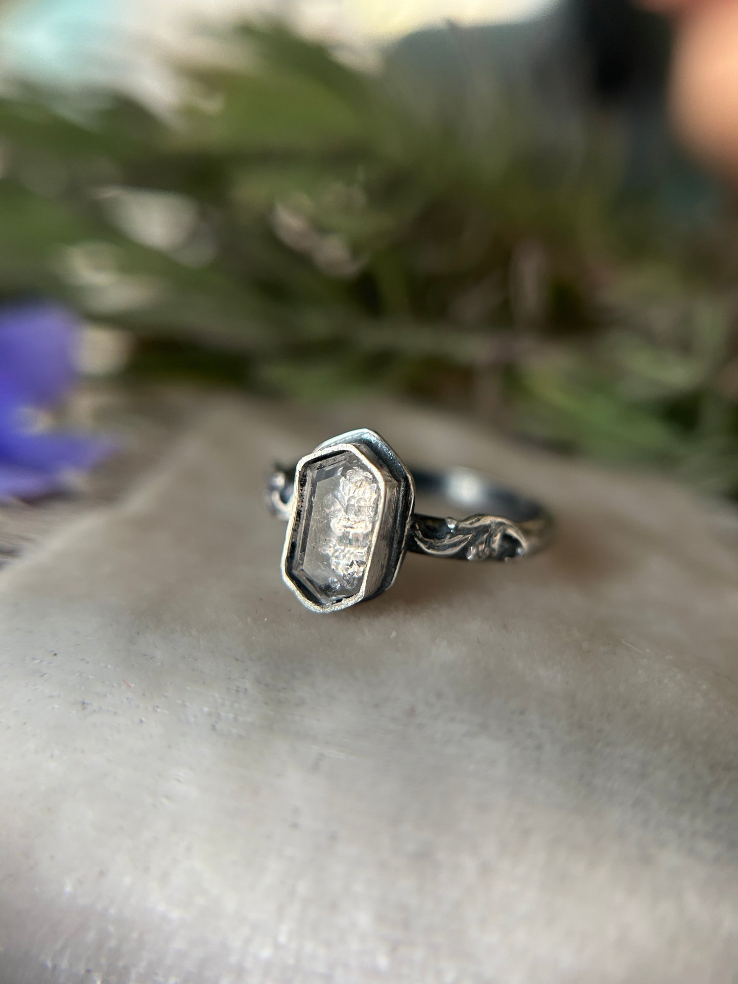 Pansy flower under quartz hexagon- sterling silver ring with swirl sprigs