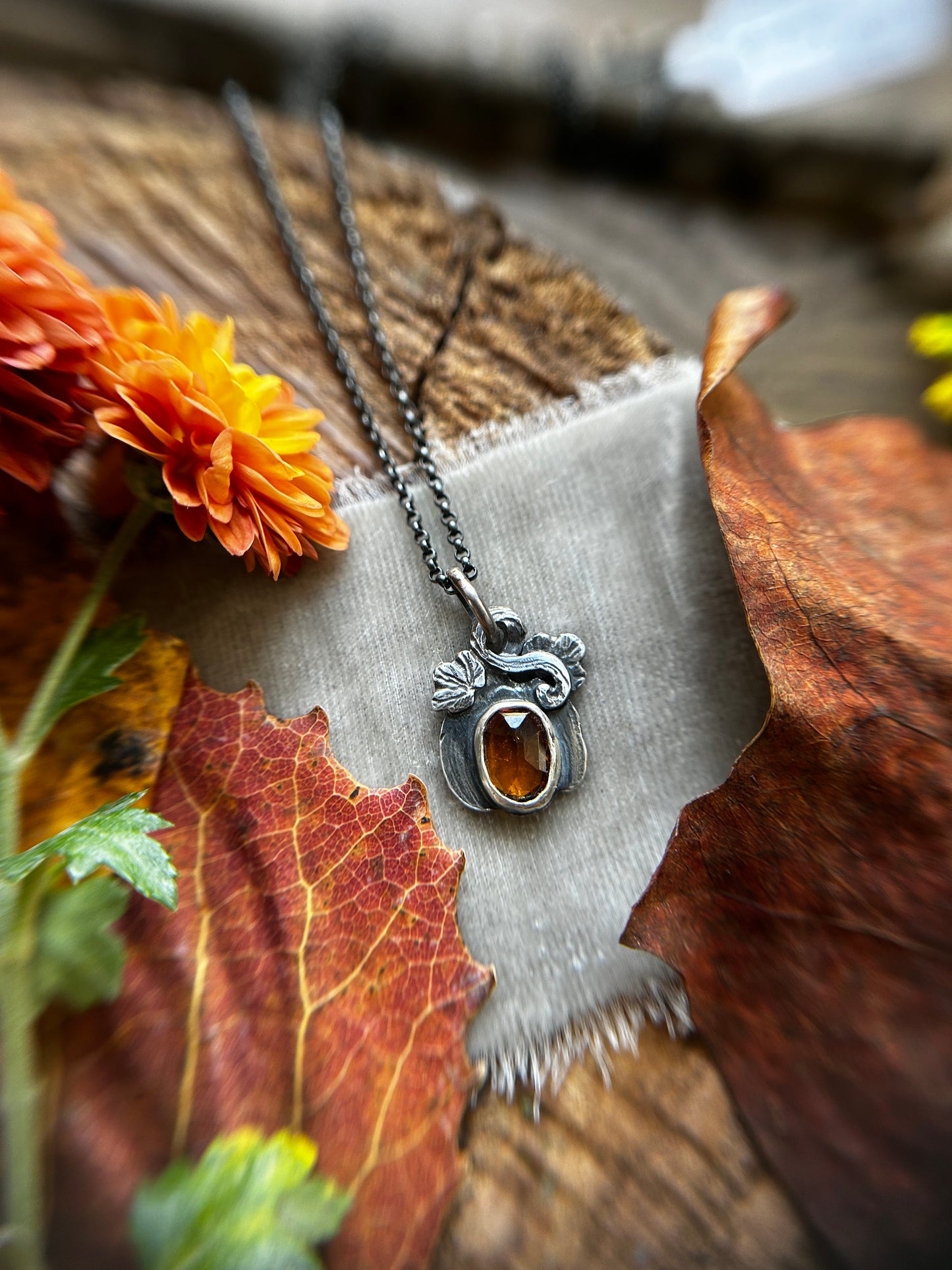 Hessonite Garnet Pumpkin necklace- sterling silver jewelry