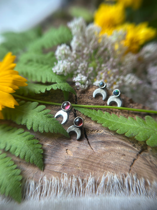 Moon Post Earrings- choice of gemstones sterling silver jewelry