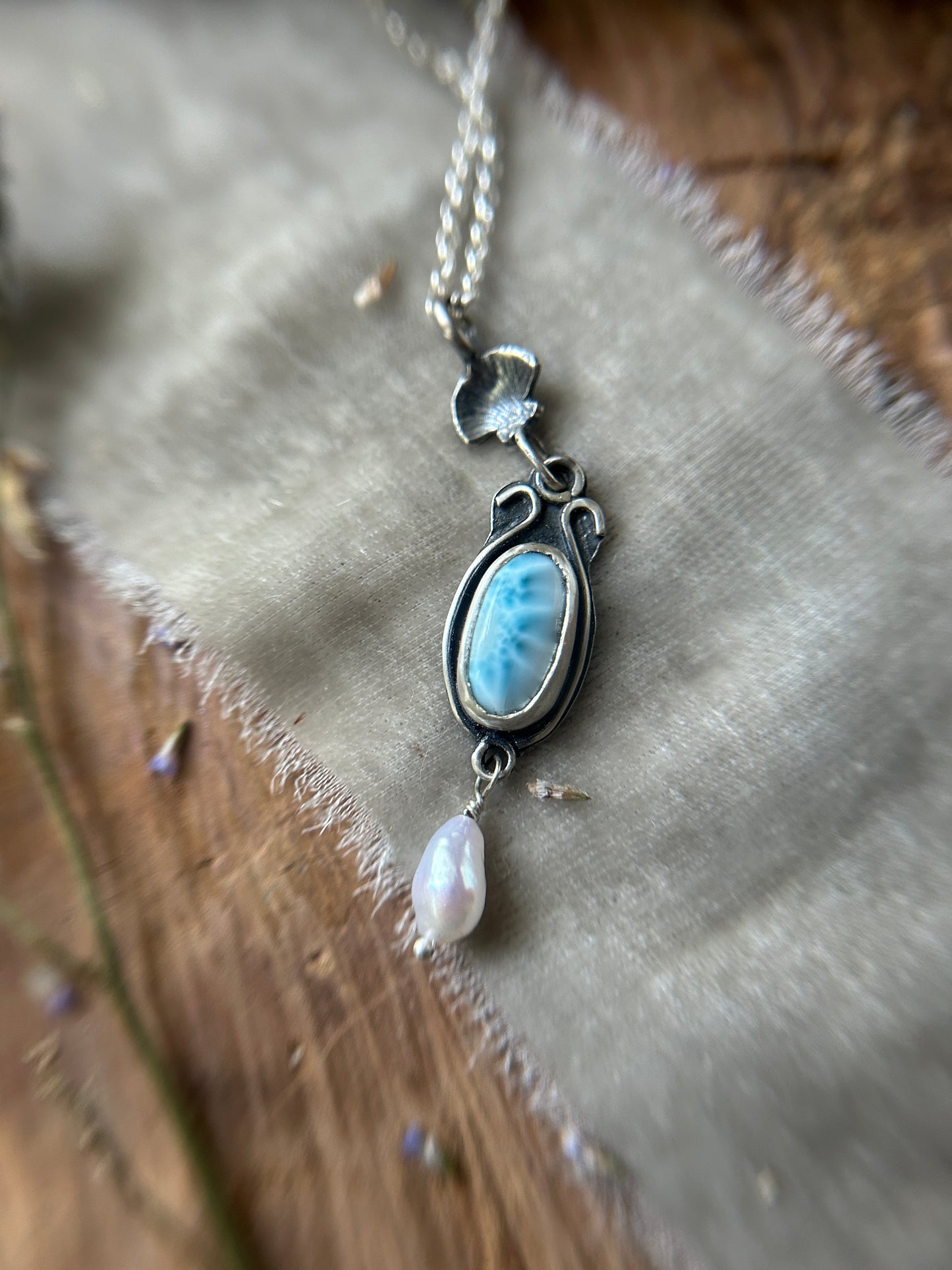 Larimar and Pearl Necklace with sailing ship- sterling silver jewelry