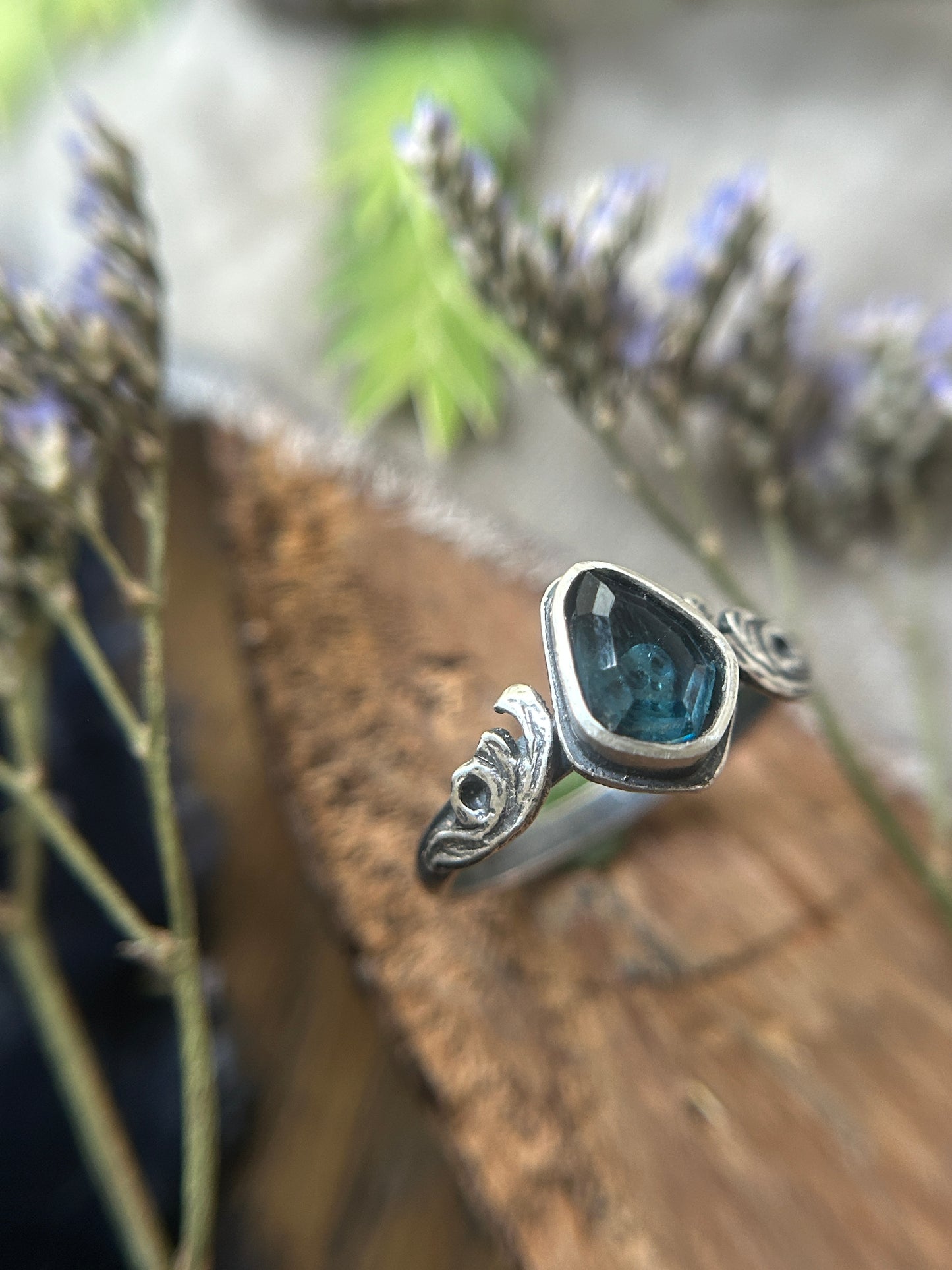 London Blue Topaz Memento Mori Skull and Waves Ring- sterling silver jewelry- MADE TO ORDER