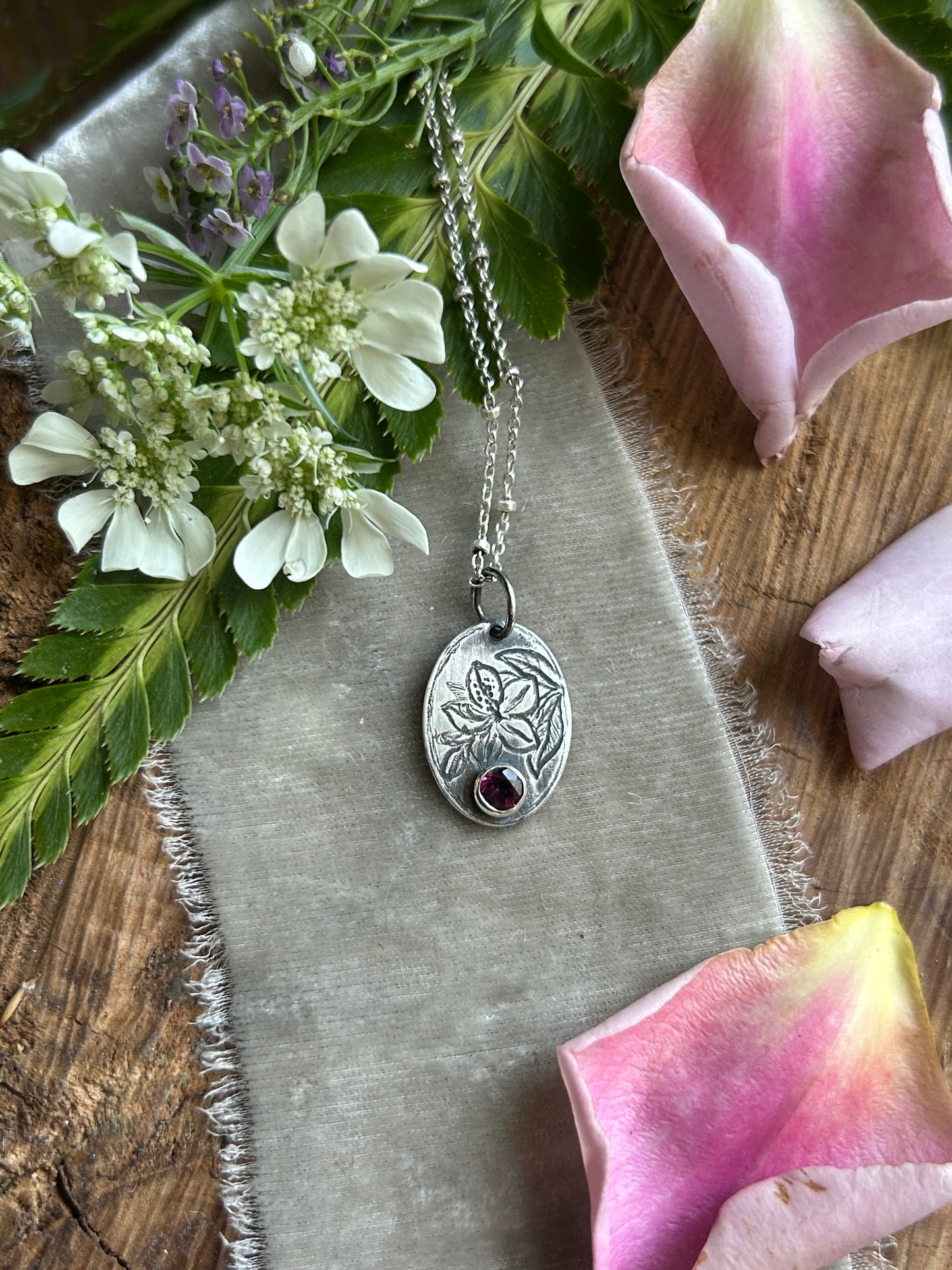 Azalea with rhodolite garnet necklace- Sterling silver jewelry